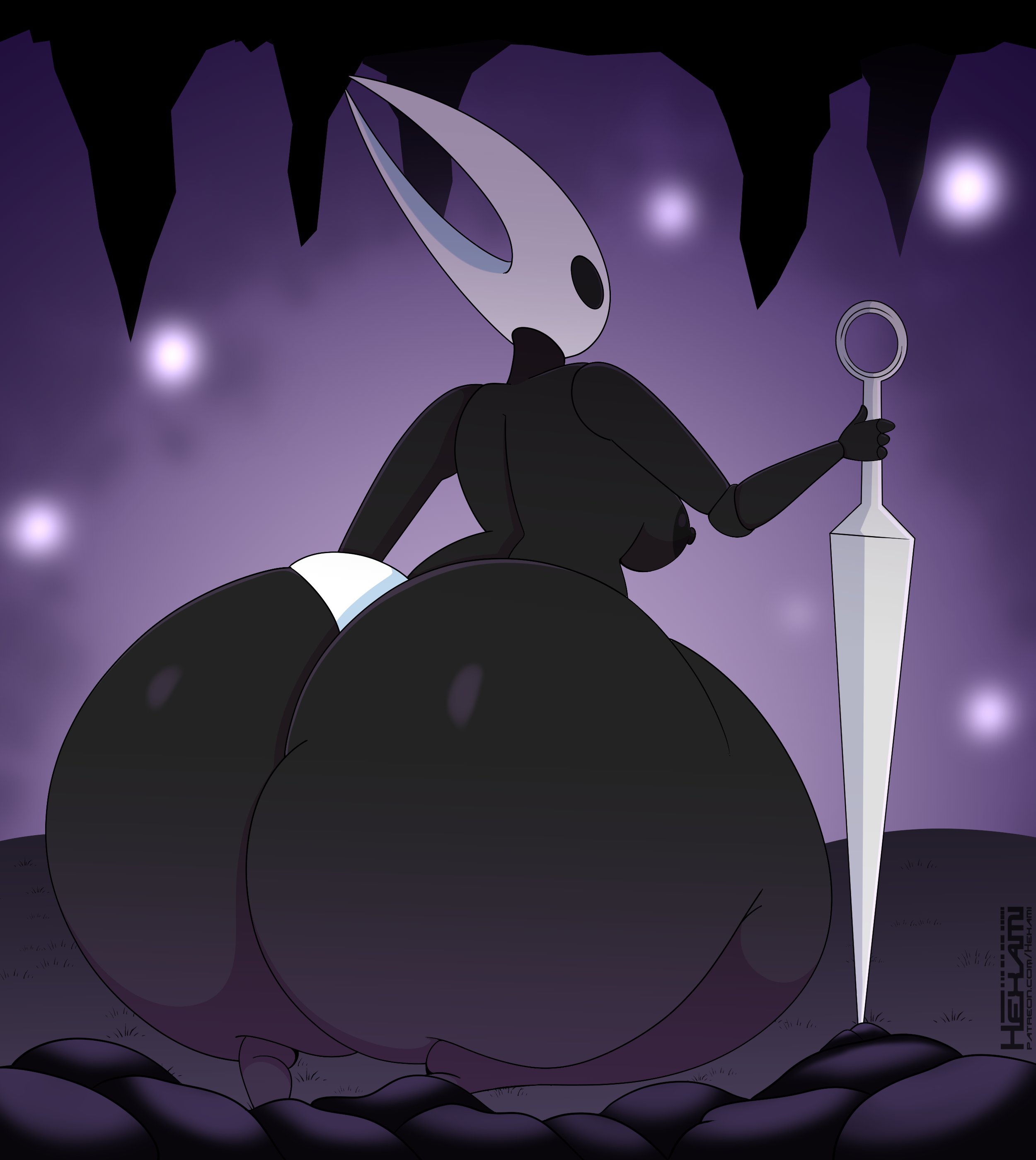 ass, ass bigger than head, ass focus, big ass, big breasts, bottomwear, breasts, breasts bigger than head, eyebrowless, female, female only, hexami, hollow knight, hornet (hollow knight), huge ass, hyper, hyper ass, solid eyes, topless