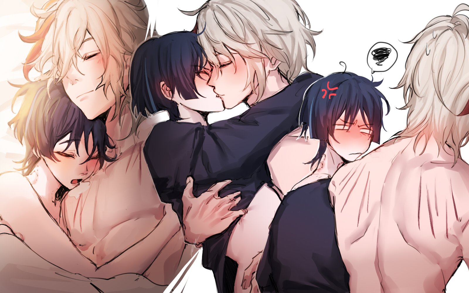 2boys, blush, embrace, gay, genshin impact, kaedehara kazuha, kissing, male, male only, no visible genitalia, scaramouche (genshin impact), scratches, waviwan
