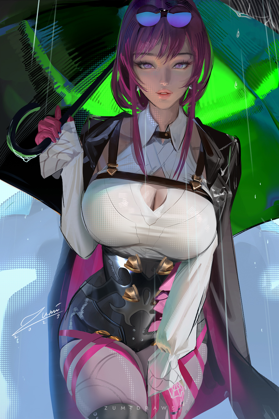 1girls, breasts, cleavage, clothed, eyewear on head, female, honkai (series), honkai: star rail, huge breasts, kafka (honkai: star rail), light skin, light-skinned female, long hair, purple eyes, purple hair, sunglasses on head, thick thighs, wide hips, zumi