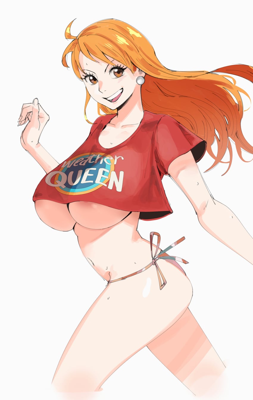 1girls areola_slip ass bikini bikini_bottom bikini_top female female_only huge_breasts inviting jerrydurd light-skinned_female light_skin long_hair nami nami_(one_piece) navel no_bra one_piece orange_hair post-timeskip smile smiling_at_viewer solo solo_female solo_focus teasing thin_waist thong underboob weather_queen