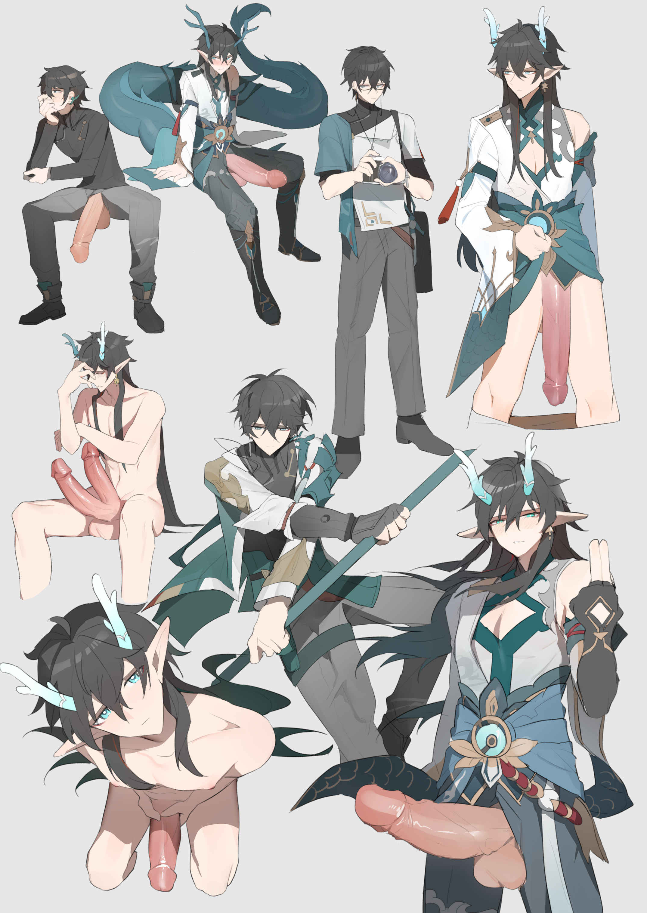 1boy, 2 penises, big penis, dan heng, dan heng (honkai: star rail), dan heng (imbibitor lunae), diphallia, diphallism, dragon, dragon boy, dragon tail, honkai: star rail, horns, male, male only, massive penis, multi genitalia, multi penis, oakdams, penis, solo focus