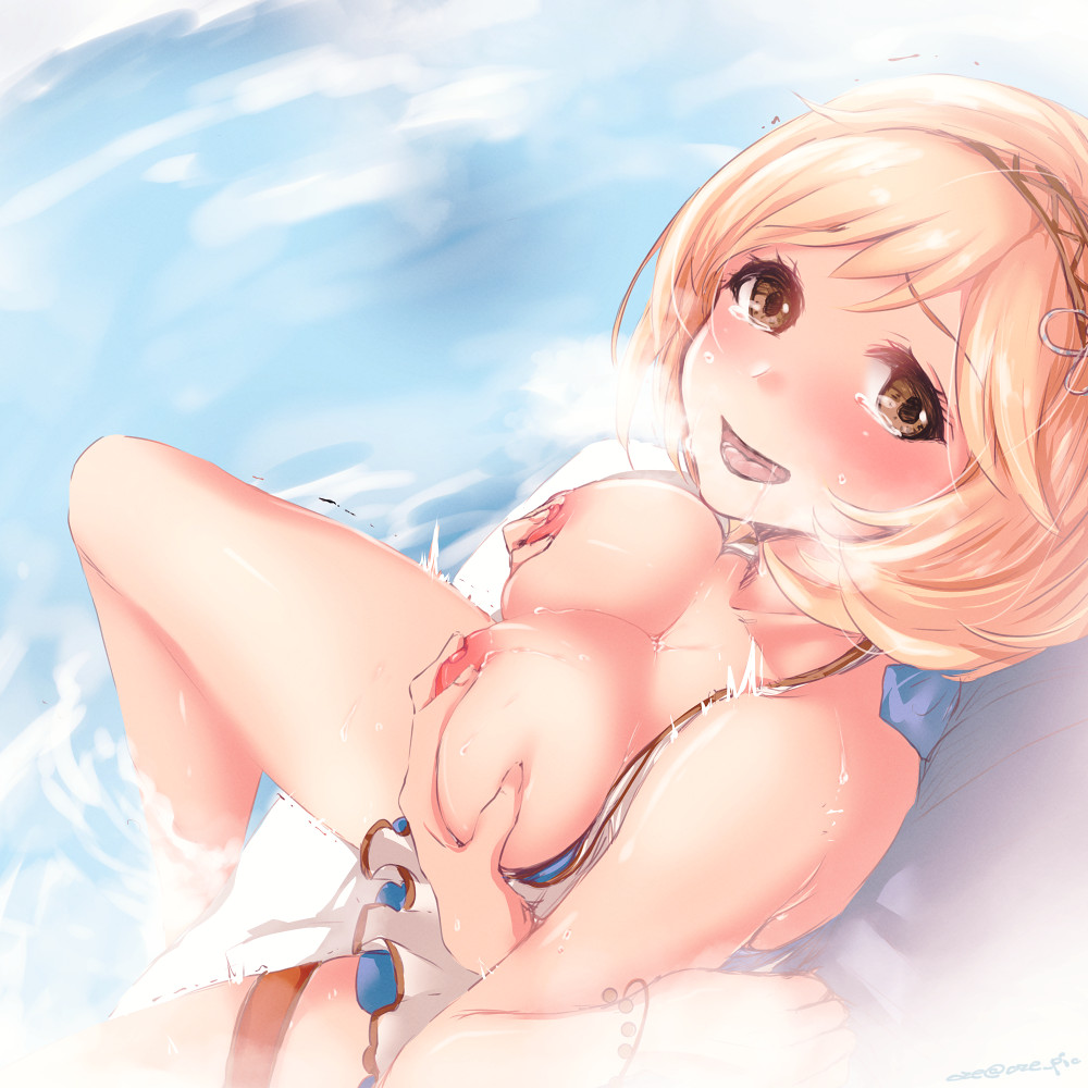 1boy 1girls artist_name artist_signature big_breasts bikini_top_down blonde_hair blue_shirt blush breast_grab brown_eyes clavicle djeeta_(granblue_fantasy) female female_protagonist frilled_swimsuit frills gran_(granblue_fantasy) granblue_fantasy groping groping_breasts groping_from_behind hairband happy legs light-skinned_female light-skinned_male light_skin looking_at_partner looking_back looking_back_at_partner male male_protagonist nipples ocean open-mouth_smile open_mouth saliva saliva_trail shiny_hair shiny_skin short_hair swimsuit tears tears_of_pleasure thighs water white_swimsuit