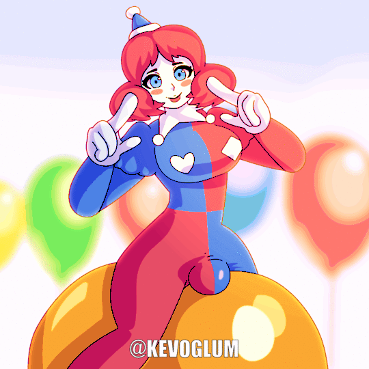 2d_(artwork) animated balloon balloon_fetish blue_eyes bulge_through_clothing clown_costume clown_girl clown_makeup kevoglum male_only red_hair solo_male submissive_male trapped_in_clothing white_gloves