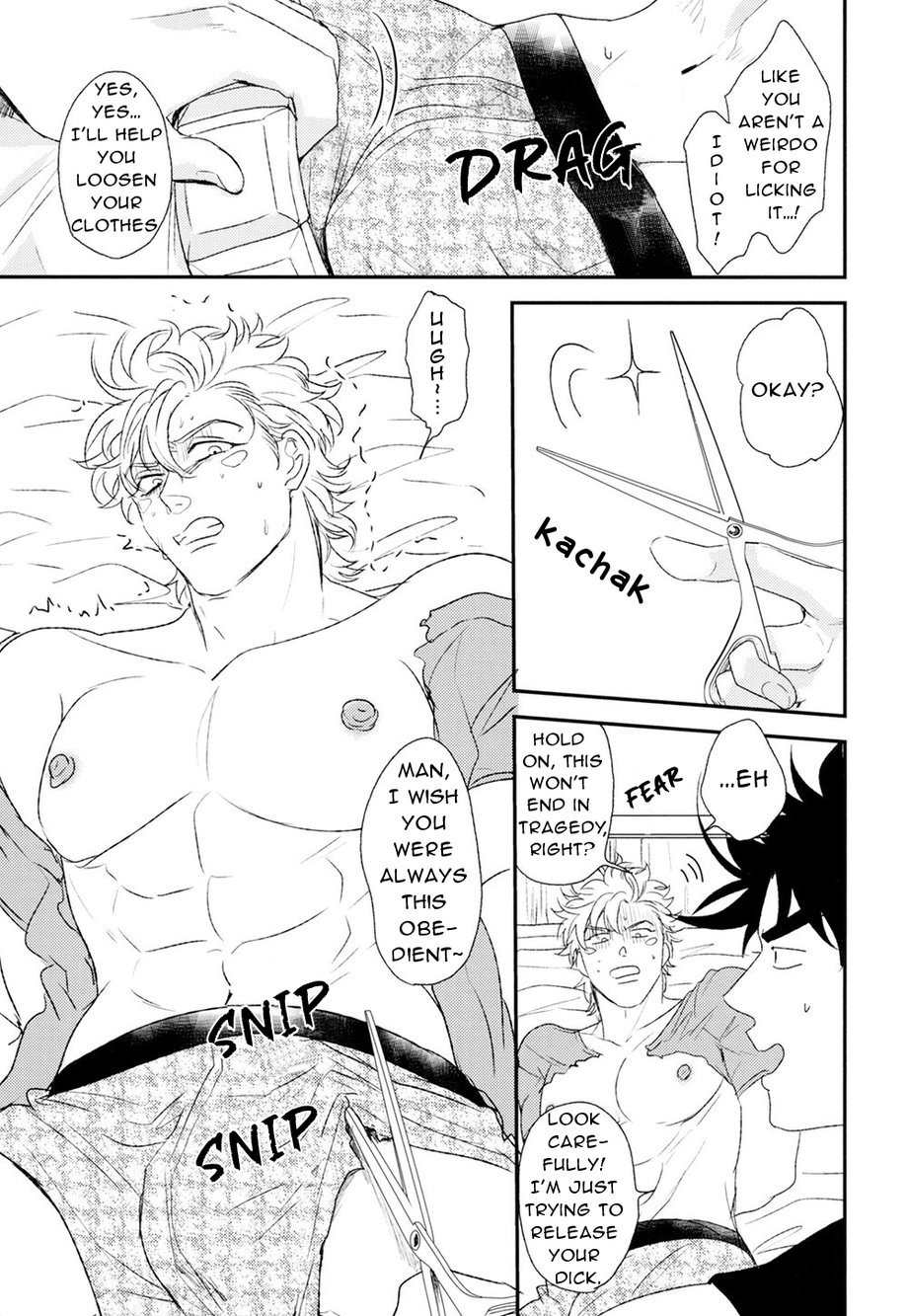 2boys battle_tendency caesar_zeppeli cutting_clothes english_text erection erection_under_clothes gay jojo's_bizarre_adventure joseph_joestar male male/male male_only penis text tsurumachi_(bamako) yaoi