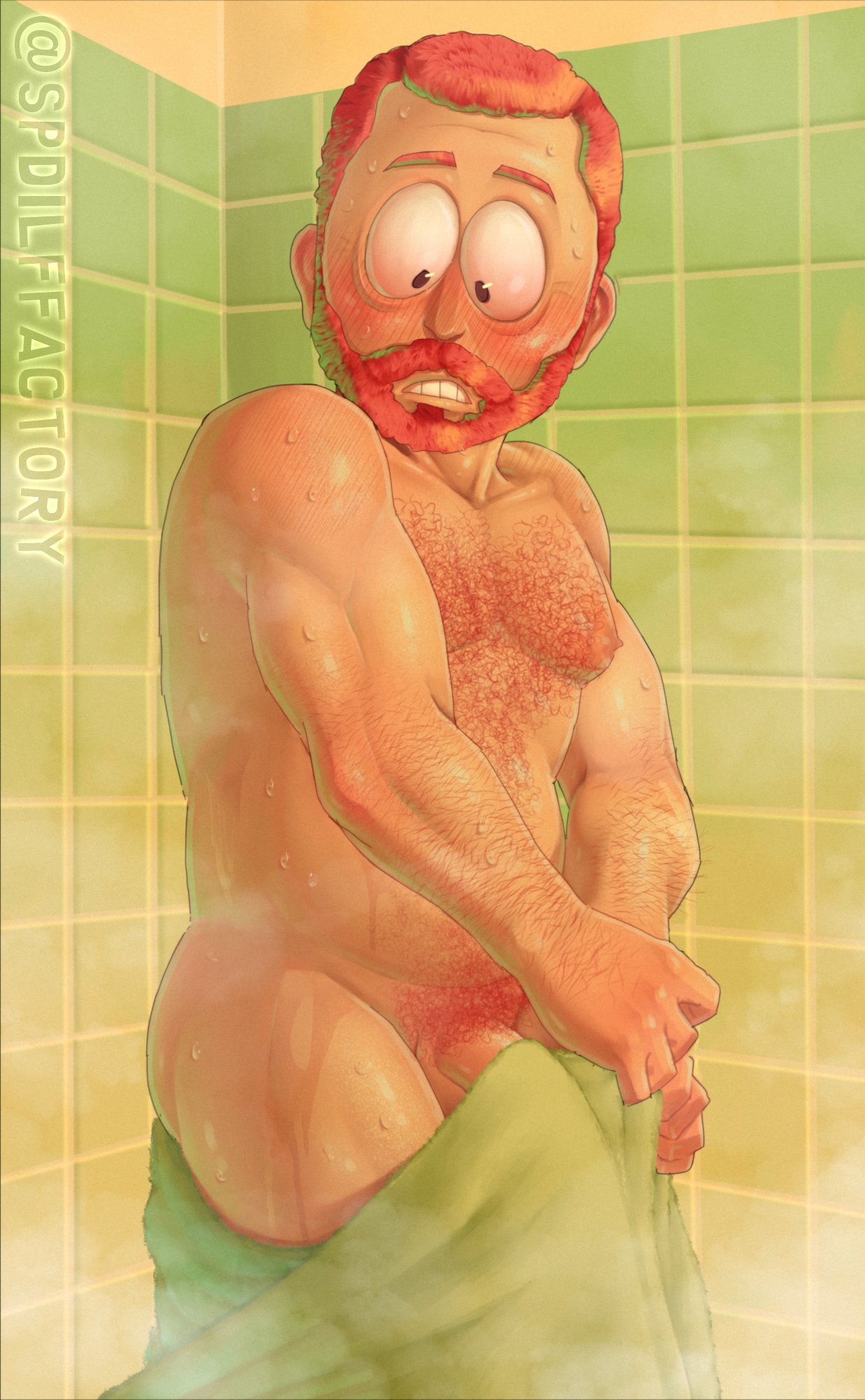 aged_up beard blush boner chest_hair dilf erection kyle_broflovski male_only pubic_hair red_hair shocked shower showering south_park south_park:_post_covid spdilffactory surprised tagme