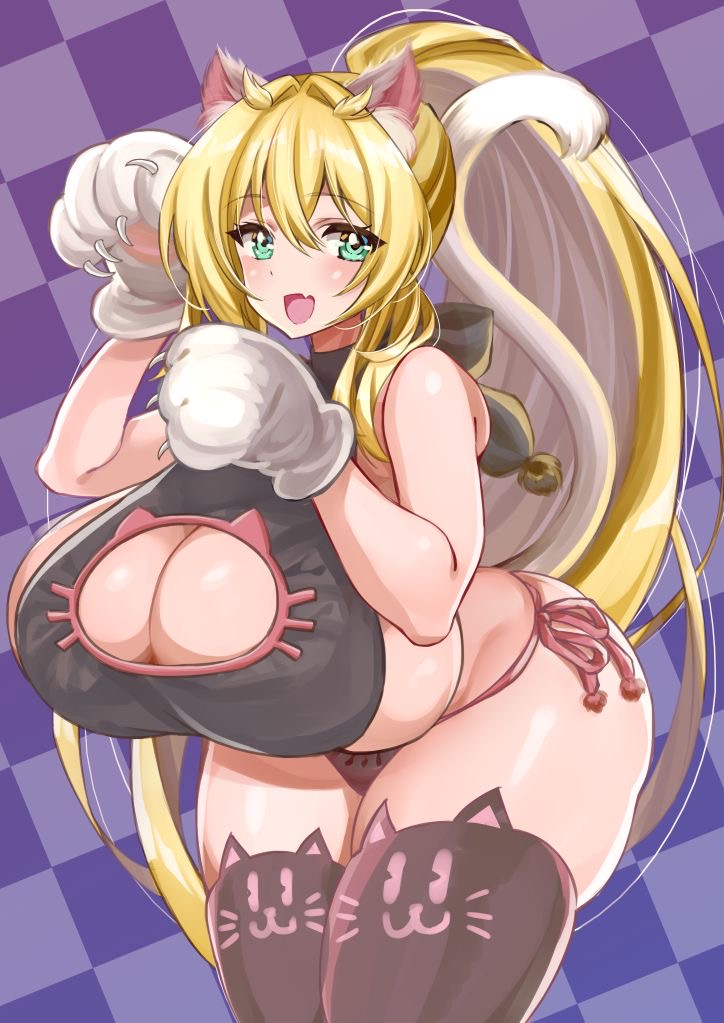 1girls ahoge bangs blonde_hair cat_ears cat_gloves checkered_background cleavage cleavage_cutout eyebrows_visible_through_hair female green_eyes light-skinned_female light_skin looking_away manyuu_kaeru_tasuke_sansei multicolored_hair oerba_yun_fang original original_character ponytail simple_background skindentation smile solo standing straight_hair thick_ass thick_thighs thighhighs very_long_hair