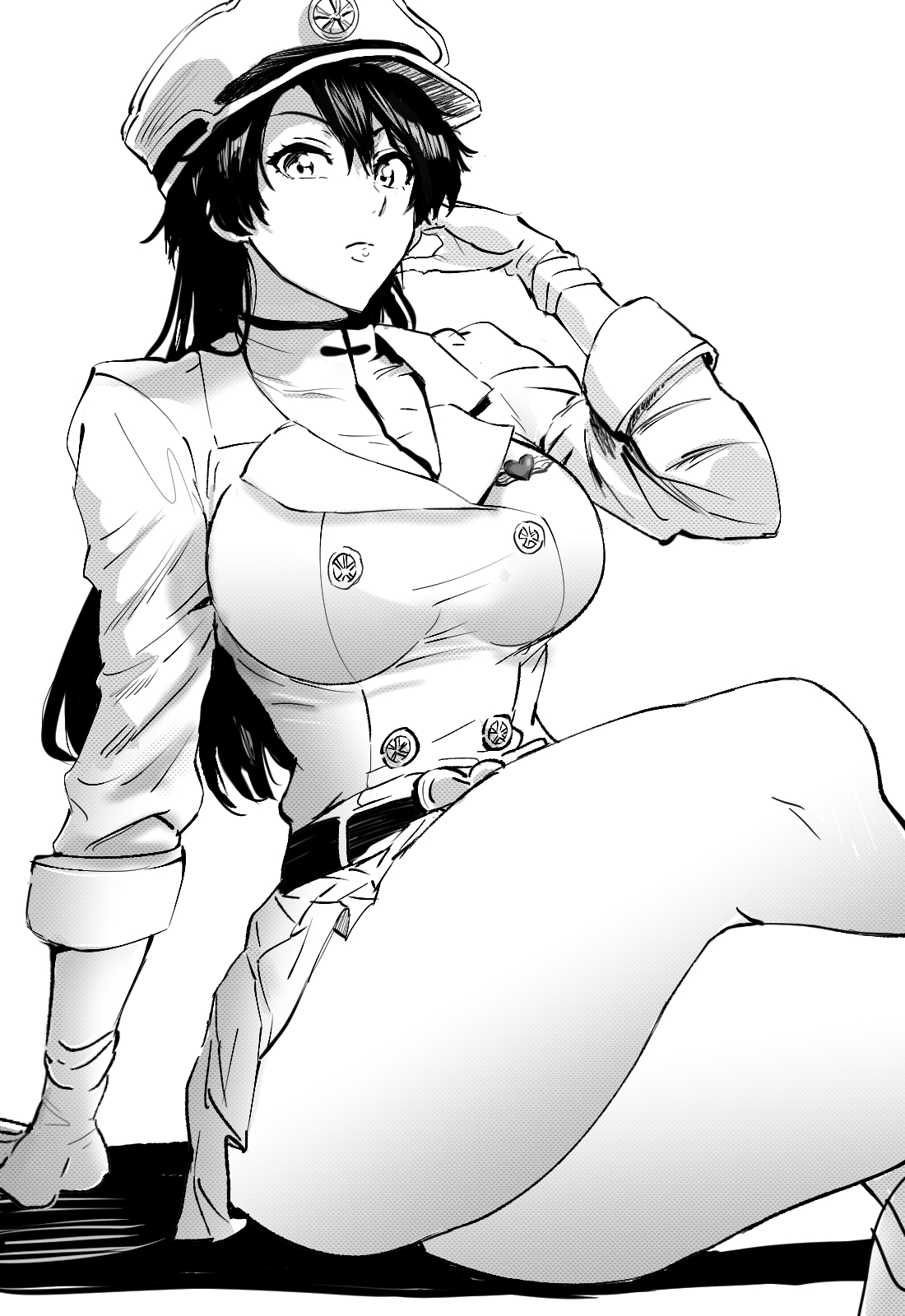 1girls, bambietta basterbine, big breasts, bleach, bleach: the thousand-year blood war, breasts, crossed legs, daraz18aka, female, female focus, female only, gloves, greyscale, long hair, looking at viewer, simple background, skirt, solo, tagme, thick thighs, uniform