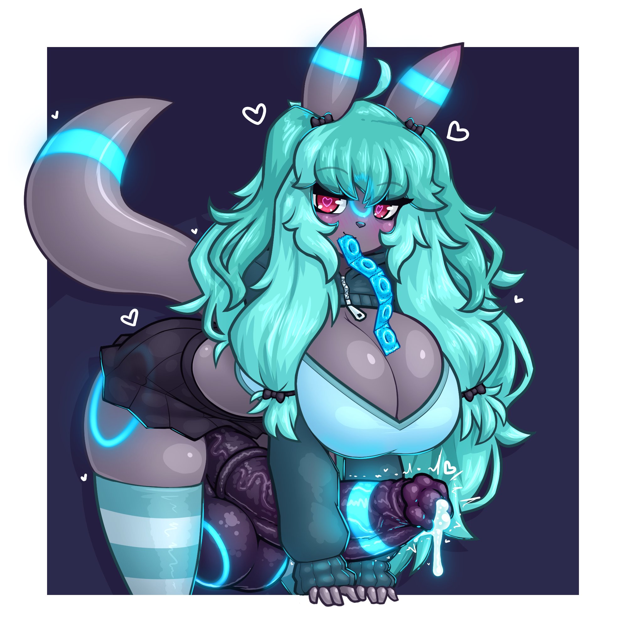1futa, anthro, balls, bent over, big breasts, blue hair, breasts, cianetrico (sf 00), clothed, clothing, condom, condom in mouth, condom packet strip, condom wrapper, cum, cum drip, eeveelution, erection, furry, futa only, futanari, glowing, glowing cum, glowing markings, horny, horsecock, huge balls, huge cock, intersex, limebreaker, mostly clothed, penis, pink, pink eyes, pokémon (species), pokemon, pokemon (species), shiny pokemon, solo, turquoise hair, umbreon, ych result