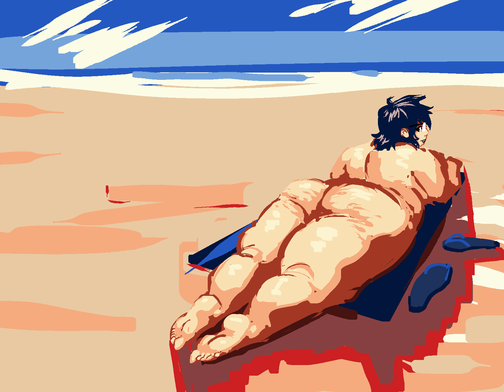 beach cellulite clouds feet feet_together female glasses homestuck huge_ass june_egbert juneylewds naked on_front overweight_female public public_nudity sandals_removed soles solo sunbathing