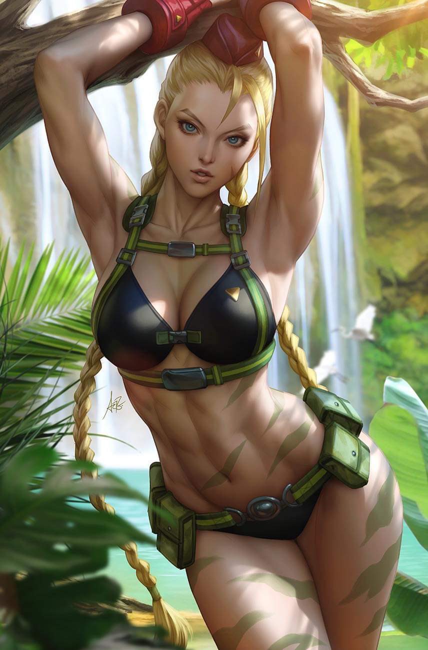 1girl 1girls abs armpits artgerm belt bikini black_bikini blonde_hair blue_eyes braid branch breasts cammy_white cleavage facial_scar female female_only fully_clothed garrison_cap harness hat highres large_breasts leg_tattoo legs_together looking_at_viewer medium_breasts official_alternate_costume parted_lips scar scar_on_cheek scar_on_face solo stanley_lau stomach_tattoo street_fighter street_fighter_v swimsuit tattoo toned twin_braids utility_belt water waterfall_tears