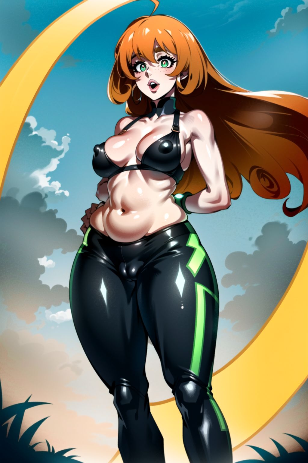 age_progression aged_up ai_generated alexandhotdogai bra bra_strap cameltoe covered_nipples detached_sleeves erect_nipples freckles freckles_on_face from_below green_eyes hoop_earrings lipstick long_hair looking_down milf muscular_female outside penny_polendina puffy_nipples red_hair rwby shirtless small_breasts solo stable_diffusion thick thick_ass thick_legs thick_lips thick_thighs tight_clothing tight_fit very_long_hair visible_pussy wide_hips