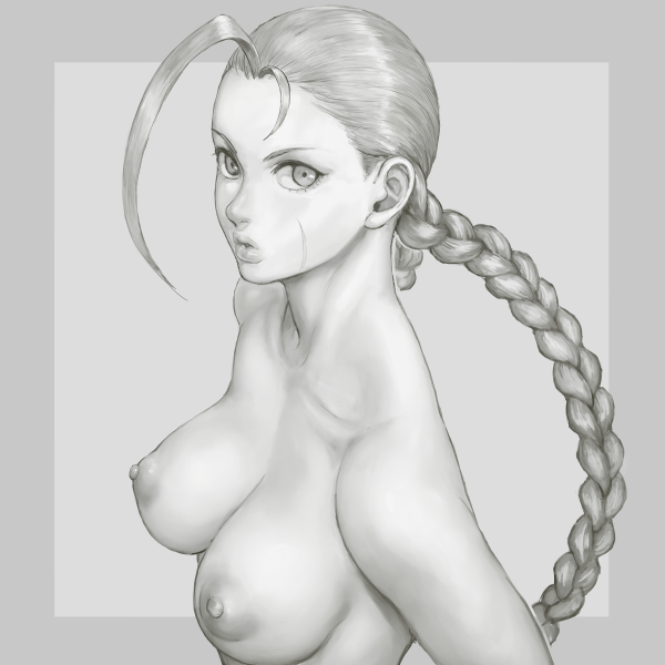 ahoge antenna_hair braid breasts cammy_white capcom cleavage closed_mouth collarbone commentary commentary_request female greyscale long_hair looking_at_viewer medium_breasts monochrome nipples nude shu-mai simple_background solo street_fighter street_fighter_ii twin_braids white_background