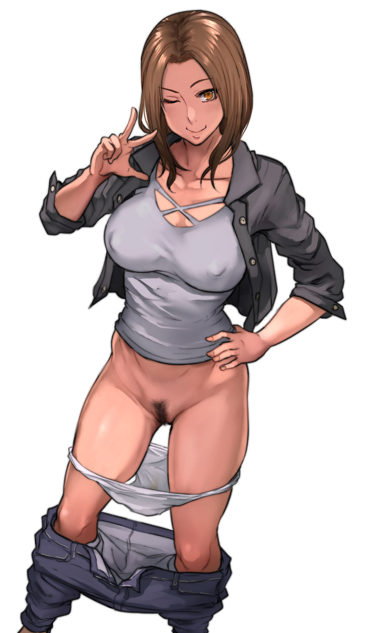 1girls, 2019, absurd res, bare arms, blue shirt, breasts, brown eyes, brown hair, cleavage, clothing, female, female only, flat belly, hand on hip, highres, inframammary clothing crease, jacket, large breasts, matching hair/eyes, nipple bulge, no bra, one eye closed, open clothes, open jacket, original, panties, panties down, pants, pants down, panty pull, pepe (jonasan), pubic hair, pussy, shirt, simple background, smile, solo, standing, thighs, tight clothing, underwear, w, white background, white panties, wink