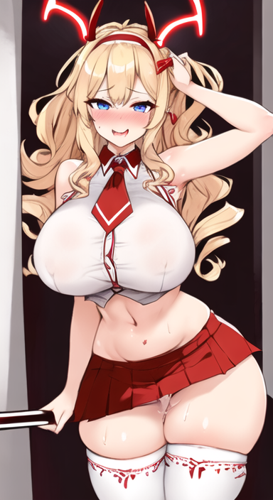 1girls ai_generated anything_diffusion big_breasts blonde_female blonde_hair blonde_hair blue_eyes button_down_shirt clothing devil_horns dezgo_ai female female_only headband horns huge_breasts looking_at_viewer skirt sweat thick_thighs thigh_socks thighhighs tongue tongue_out wet_pussy wide_hips