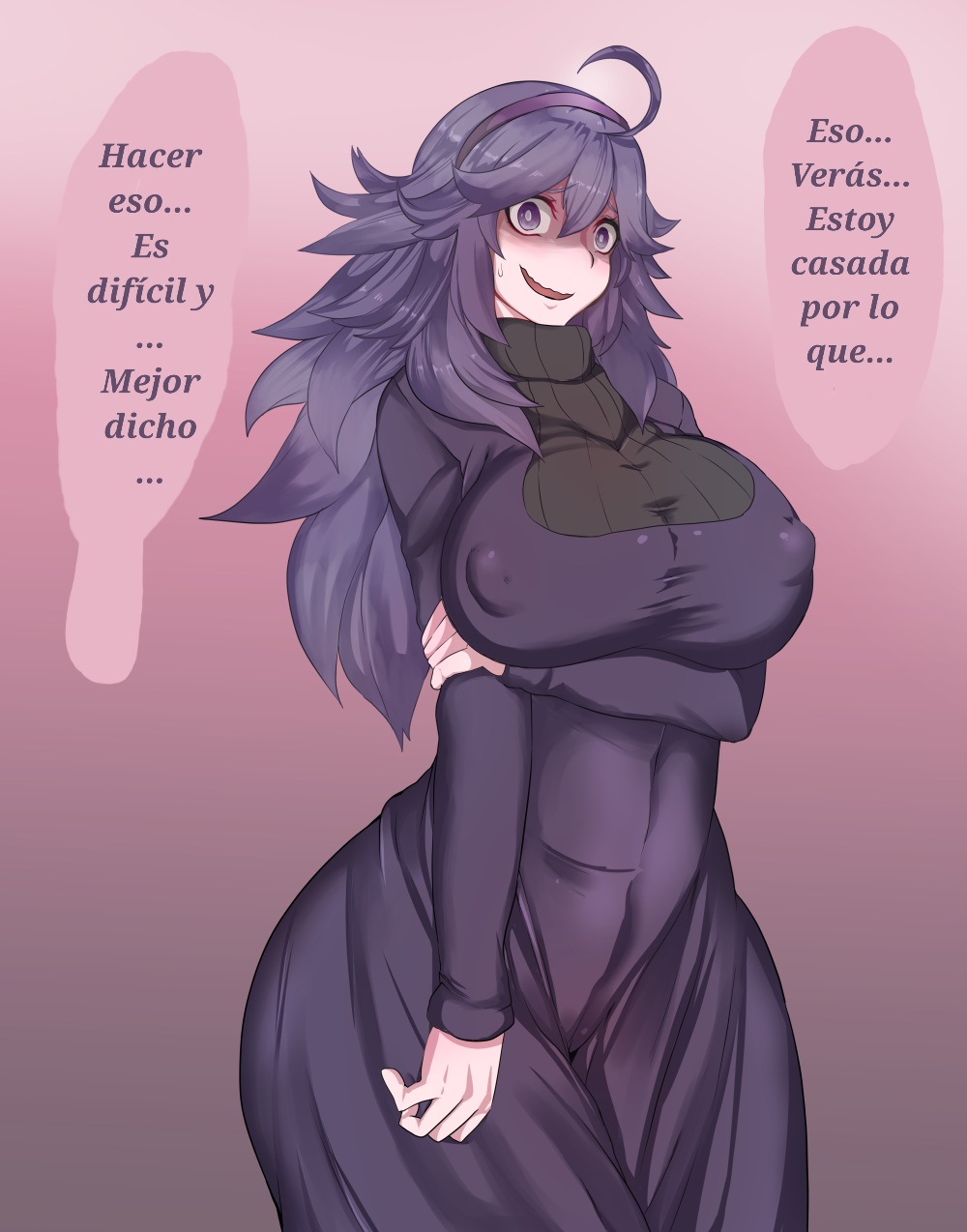 1girls alternate_breast_size breasts_bigger_than_head clothed clothed_female dress hex_maniac huge_breasts light-skinned_female light_skin long_hair married_woman npc npc_trainer pokémon pokemon purple_dress purple_eyes purple_hair ratetaso spanish_text spanish_translation text voluptuous