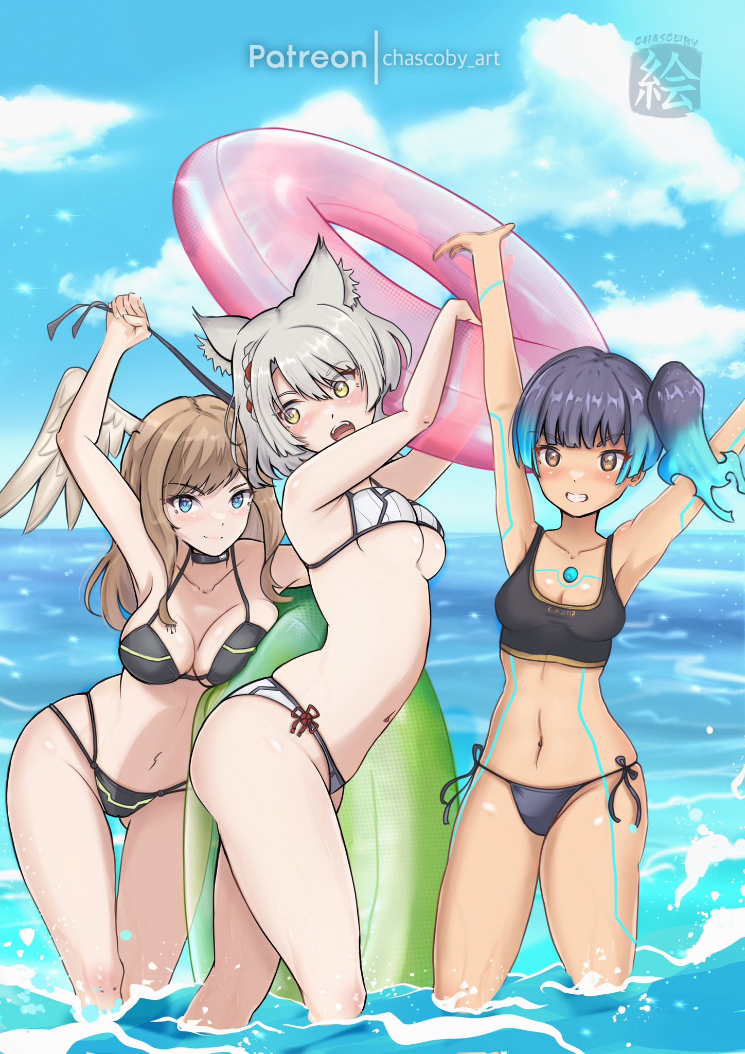 3girls, absurd res, alternate costume, arms up, bare shoulders, bikini, black bikini, black swimsuit, blue eyes, blue hair, blush, breast tattoo, breasts, brown eyes, brown hair, cat ears, cat girl, catgirl, chascoby, choker, cleavage, core crystal, detailed background, eunie (xenoblade), female, female only, fiery hair, highres, large breasts, long hair, looking at viewer, midriff, mio (xenoblade), monolith soft, navel, nintendo, ponytail, pool float, sena (xenoblade), short hair, side ponytail, silver hair, small breasts, swimsuit, tattoo, underboob, water, wet, white bikini, white swimsuit, wings, xenoblade (series), xenoblade chronicles 3, yellow eyes
