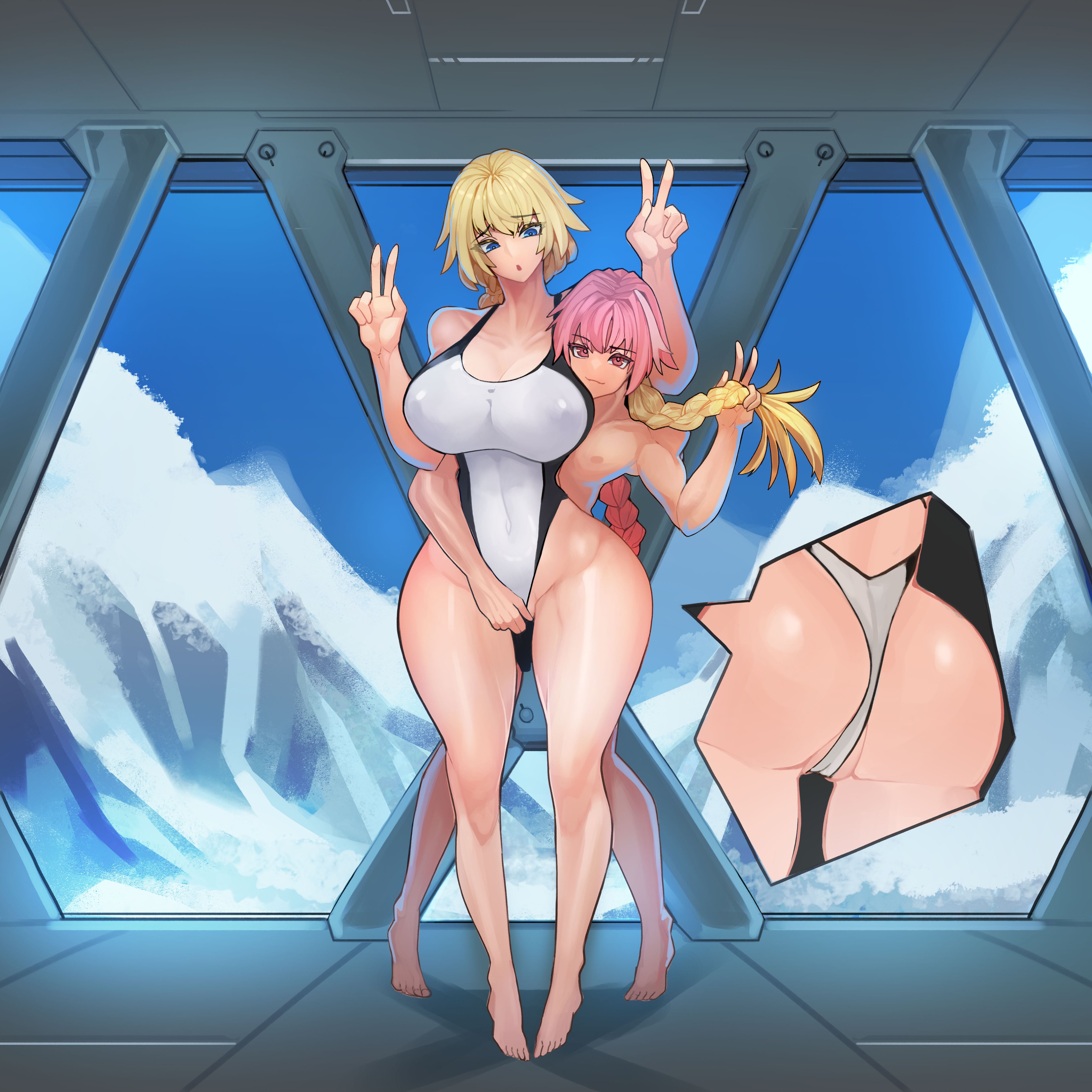 1boy, 1girls, ass, astolfo (fate), big breasts, blonde, blonde female, blonde hair, breasts, child bearing hips, double peace sign, fate (series), fate/grand order, female, femboy, femboy on female, huge breasts, jeanne d'arc (fate), jeanne d'arc (swimsuit archer), light skin, light-skinned female, light-skinned male, male, omega processor (artist), one-piece swimsuit, peace sign, pink hair, platinum1945, trap