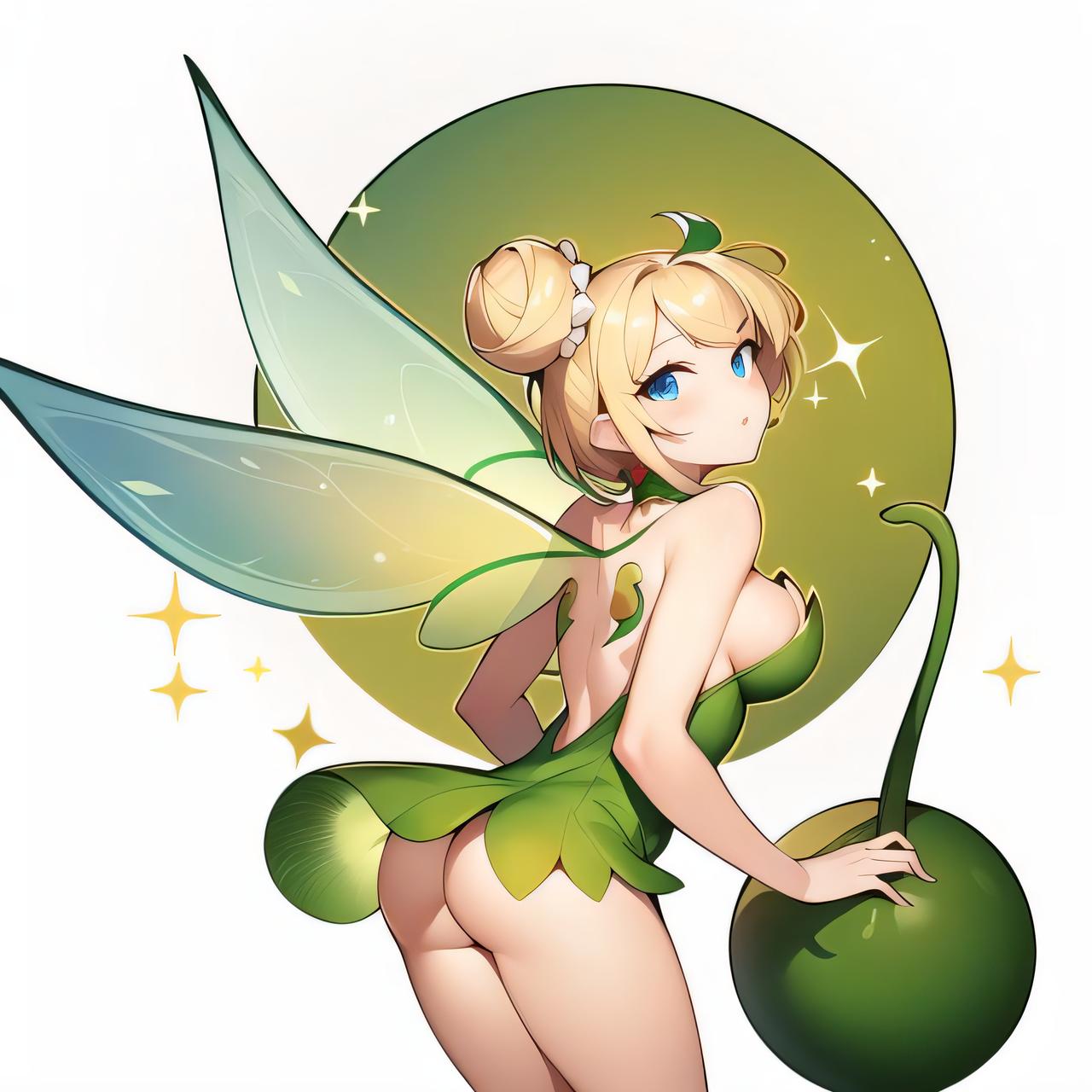 1girls, ai generated, ass, blonde hair, blue eyes, disney, fairy, fairy wings, female, light skin, light-skinned female, peter pan (disney), solo, solo female, tinker bell