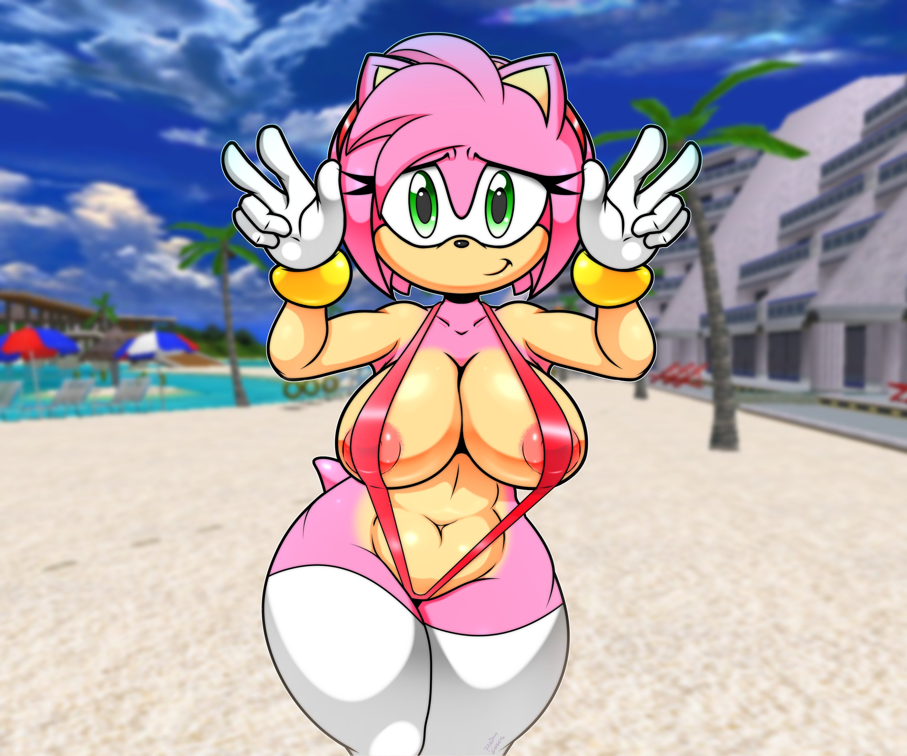 amy rose, anthro, areolae, armpits, beach, big breasts, bracelets, breasts, female, gloves, hairband, randomgloves, screenshot background, sling bikini, sonic (series), thighhighs
