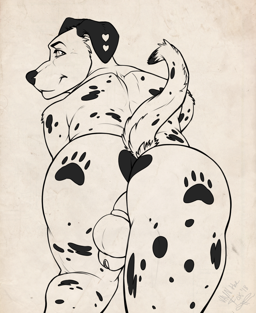 anthro ass balls big_butt caged canid canine canis chastity_cage chastity_device dalmatian domestic_dog footprint fur genitals kneeling male mammal pawprint pawprint_marking slyasafoxibou solo solo_focus submissive submissive_male thick_thighs