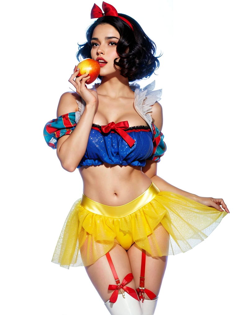 actress ai_generated apple black_hair disney disney_princess garter_straps hair_bow hair_ornament holding_apple midriff princess rachel_zegler short_hair short_skirt skirt snow_white_(disney) snow_white_and_the_seven_dwarfs_(1937_film) thighhighs yellow_skirt