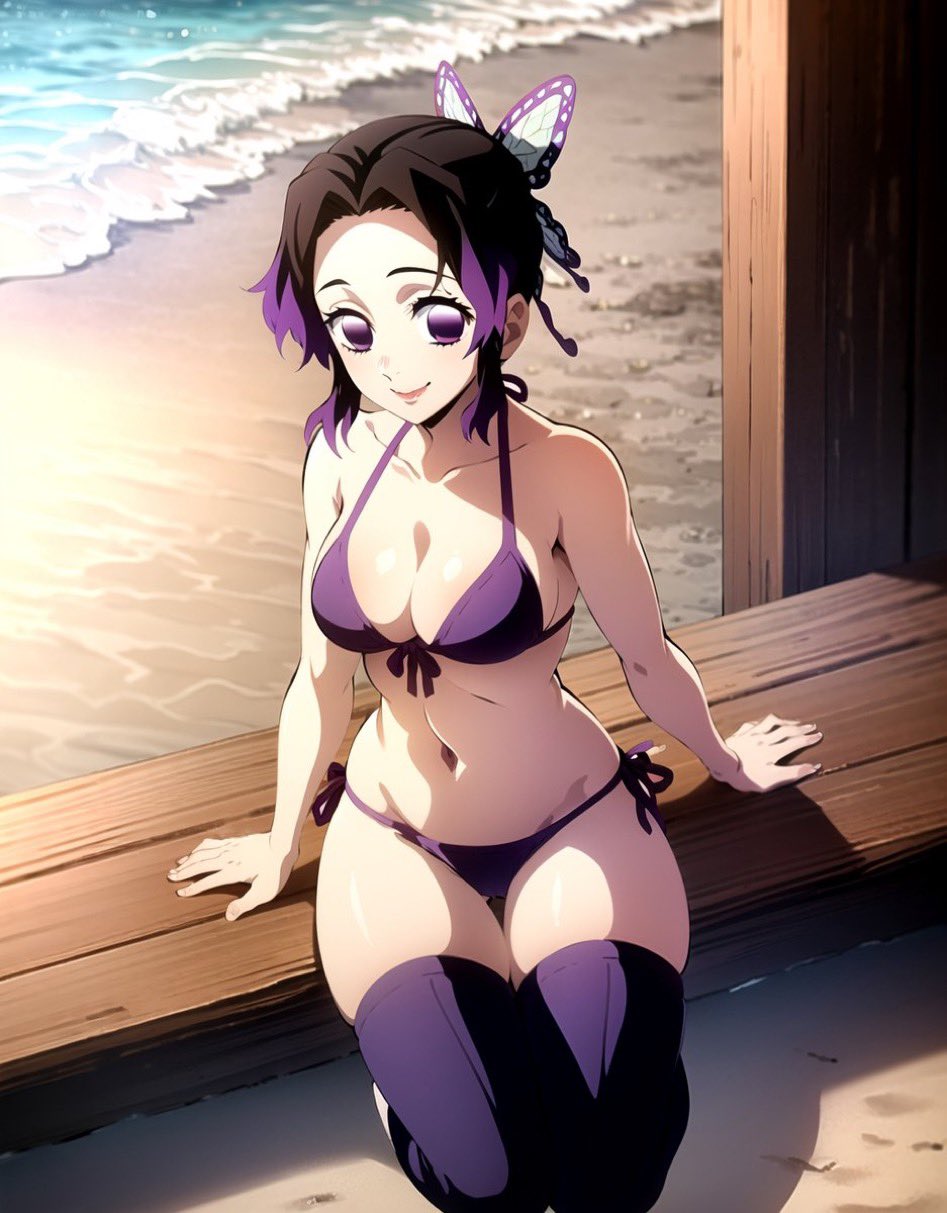 1girls, ai generated, beach, bikini, breasts, curvy body, curvy female, curvy figure, demon slayer, female, kimetsu no yaiba, kochou shinobu, nai diffusion, purple eyes, purple hair, smile, solo, stable diffusion, thick thighs, thighhighs