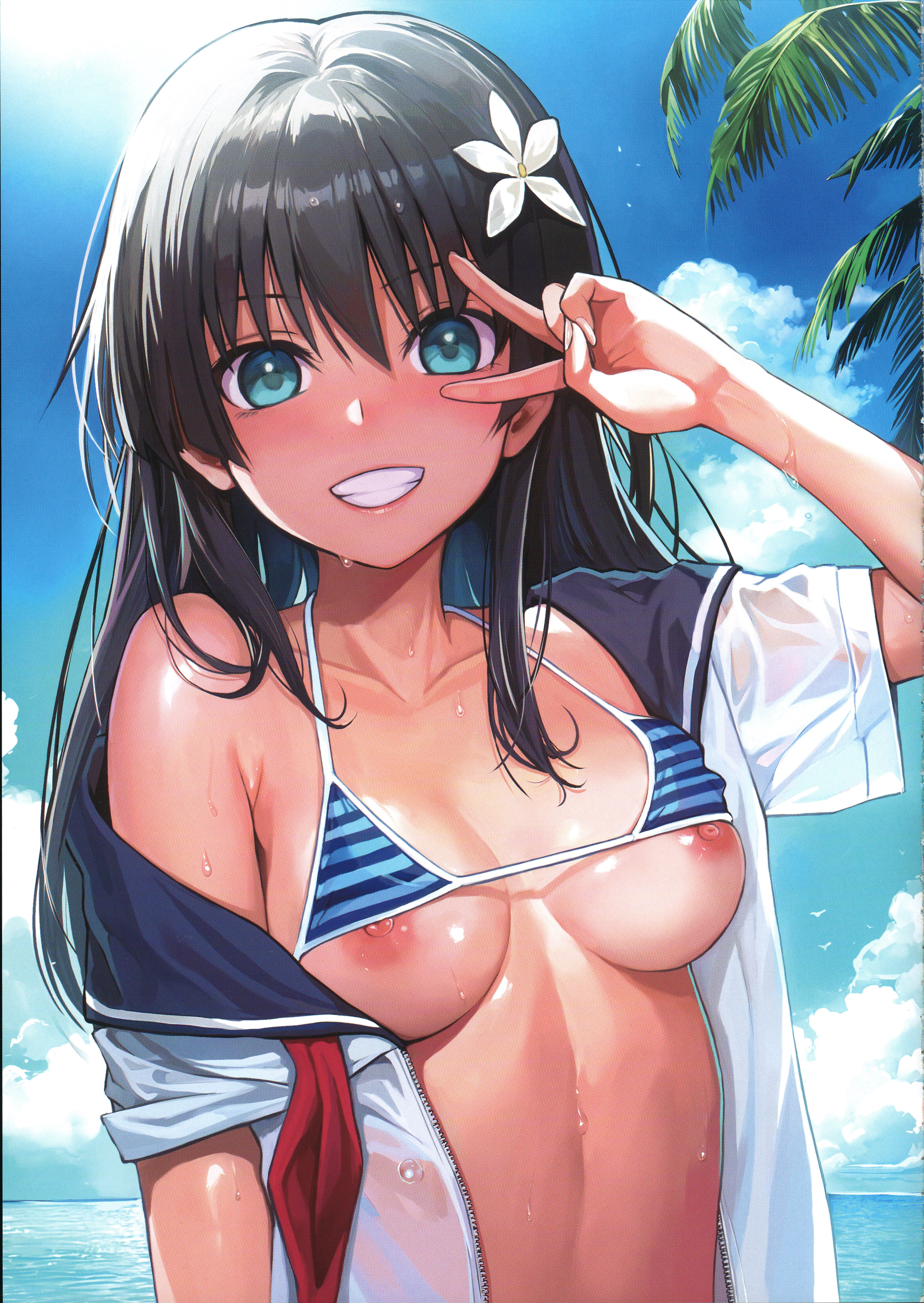 1girls, 40010prototype, absurdres, bikini top, bikini top lift, black hair, blush, breasts, confident, female, female only, green eyes, highres, light skin, light-skinned female, long hair, medium breasts, nipple slip, nipples, ocean, pose, posing, saten ruiko, scan, school uniform, schoolgirl, see-through, sensual, smile, summer, sweat, tan, tanlines, teenage female, teenager, teeth, to aru kagaku no railgun, to aru majutsu no index, underboob, v, wet, wet clothes, young
