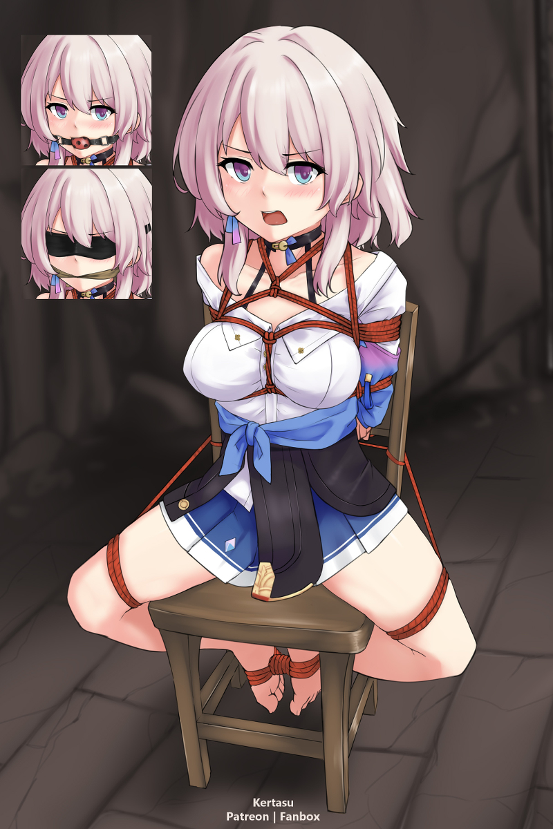 ball gag, blindfold, bondage, chair, chair bondage, gag, honkai (series), honkai: star rail, march 7th (honkai: star rail), pink hair, red rope, tied up