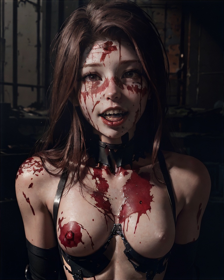 ai_generated background belle_delphine blood blood_in_mouth blood_on_face brown_eyes brown_hair collar face gore leather_collar leather_gloves leather_harness long_hair looking_at_viewer nipples open_mouth sharp_teeth shoulders small_breasts small_tits sombre stable_diffusion teen teenage_girl teenager teeth topless