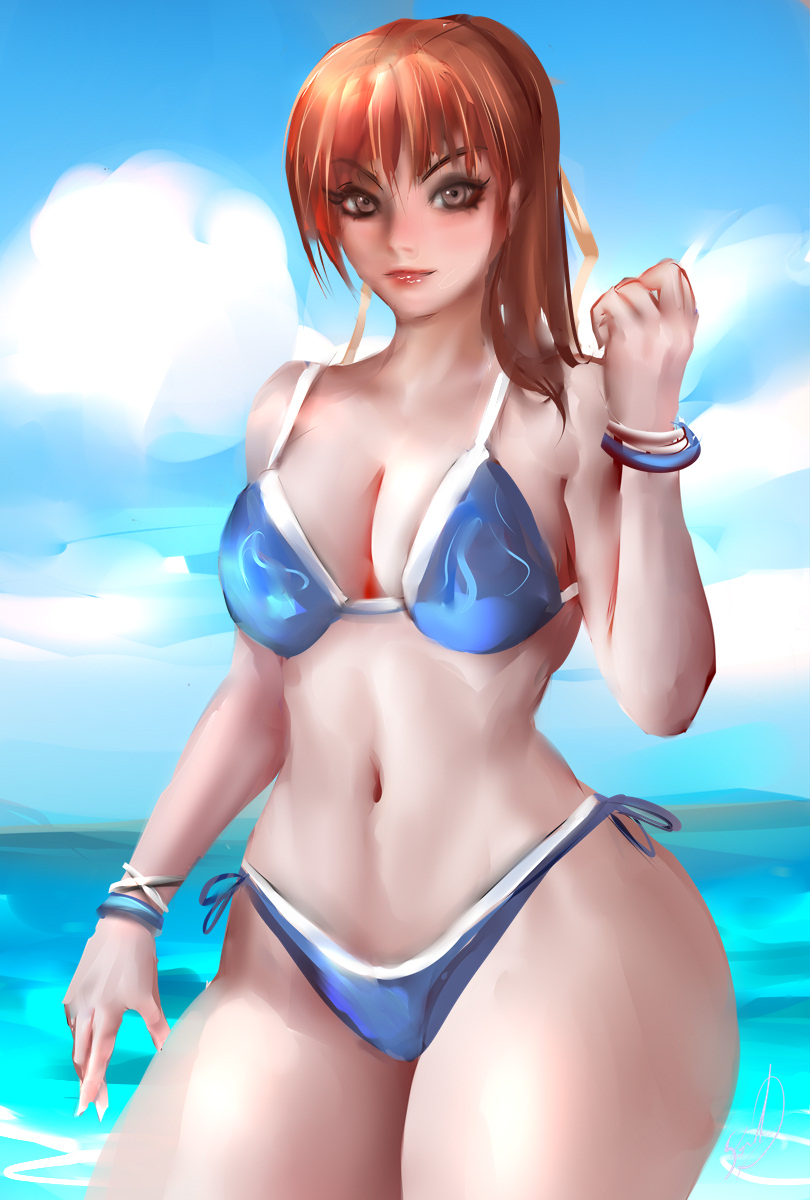 1girls auburn_hair beach bikini cleavage dead_or_alive kasumi_(doa) large_breasts long_hair orionm ponytail seaside thick_thighs voluptuous