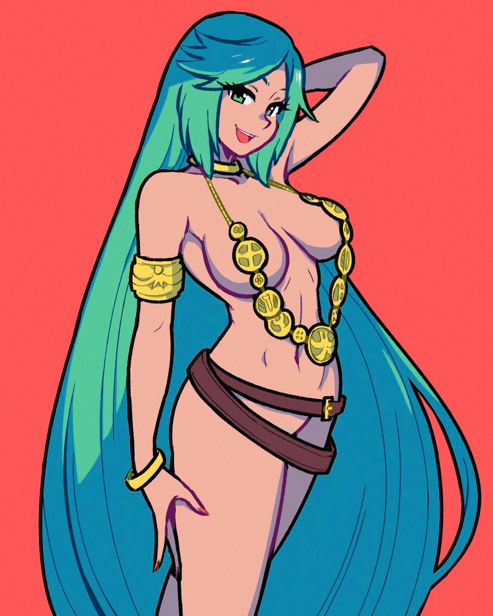 1girls akairiot belt breasts convenient_censoring covered_nipples female green_hair kid_icarus long_hair looking_at_viewer mostly_nude necklace nintendo palutena smile smiling smiling_at_viewer solo tagme