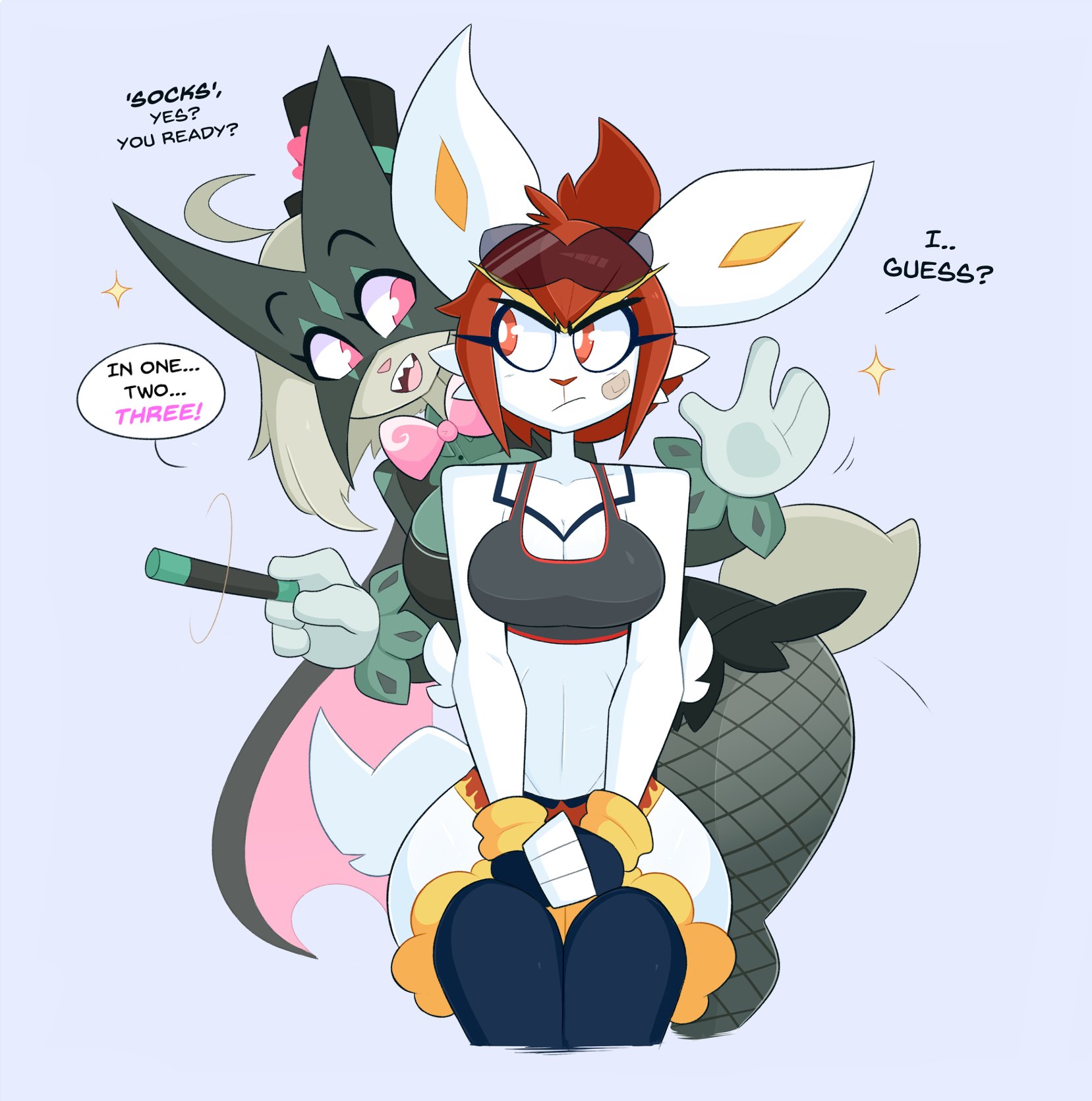 2girls, 4 fingers, anthro, big breasts, big ears, breasts, cinderace, clothing, dialogue, duo, english text, female, female only, fishnet, furry, glasses, kilinah, lagomorph, looking at partner, macifico (kilinah), meowscarada, pokémon (species), pokemon, pokemon (species), pokemon sv, simple background, socks (kilinah), tail, text, thick thighs, top hat, topwear, white fur, wide hips