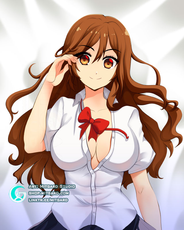 1girls anime_style big_breasts bodypillow breasts brown_eyes brown_hair cleavage collarbone dakimakura fanart female female_focus female_only hori hori_kyouko lowres mitgard-knight mitgardstore oppai school_uniform waifu2x white_hair