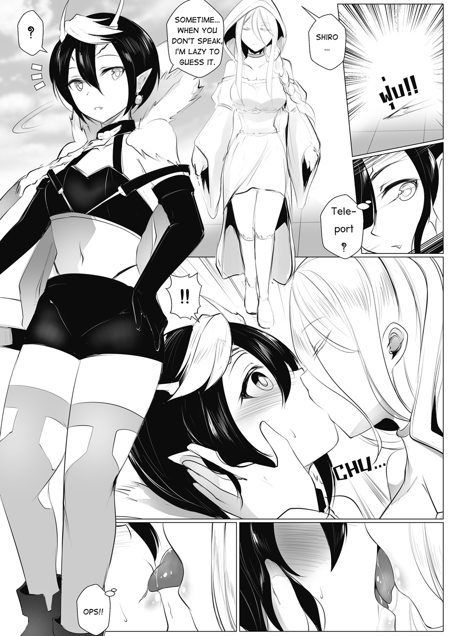 2girls ariel_(kumo_desu_ga_nani_ka?) black_hair braid comic comic_page doujinshi dress earrings english_text goddess grandmother_and_granddaughter hair_between_eyes hood hood_up horns incest kissing kumo_desu_ga_nani_ka? kumoko long_hair monochrome pointy_ears shiraori_(kumo_desu_ga_nani_ka?) short_hair spider spider_girl surprise_kiss surprised syntier13 text tongue_kiss tongue_out variant wakaba_hiiro white_hair yuri