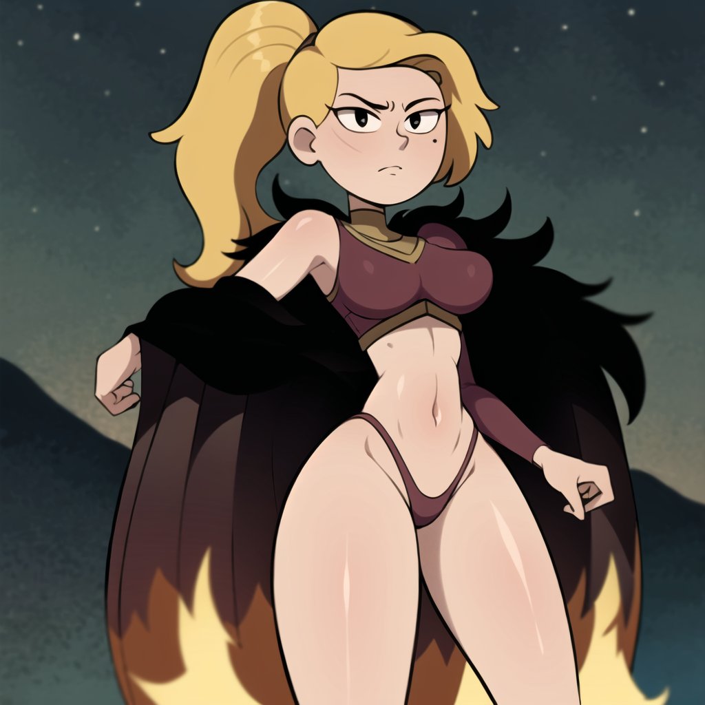 ai_generated amphibia ass beauty_mark bikini bikini_bottom bikini_top black_eyes breasts brown_bikini brown_bikini_bottom brown_bikini_top cape cats62 fur_cape light-skinned_female light_skin long_hair navel ponytail sasha_waybright stable_diffusion thighs wide_hips