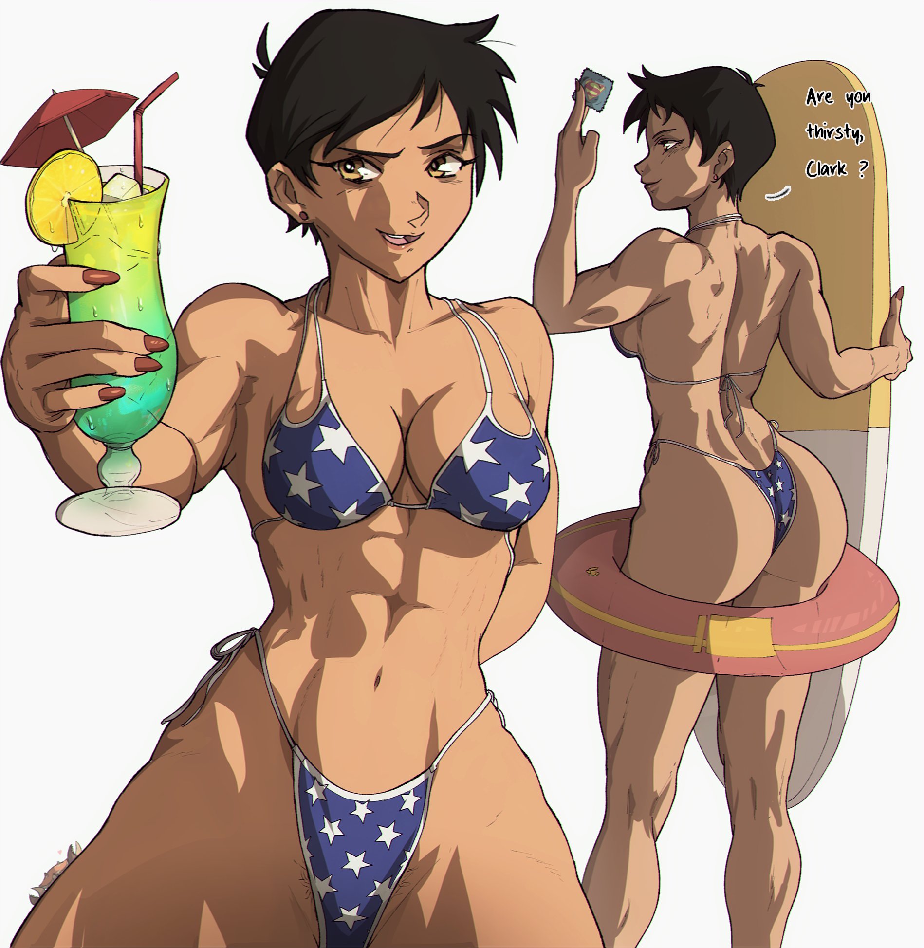 1girls, abs, american flag bikini, ass, athletic, athletic female, back muscles, bikini, black hair, bubble ass, bubble butt, condom, dc, dc comics, female, holding condom, lois lane, lois lane (my adventures with superman), muscles, muscular, muscular female, my adventures with superman, short hair, smirk, superman (series), surfboard, swimsuit, tagme, tan skin, tanned, thick thighs, tomboy, yellow eyes, yoracrab