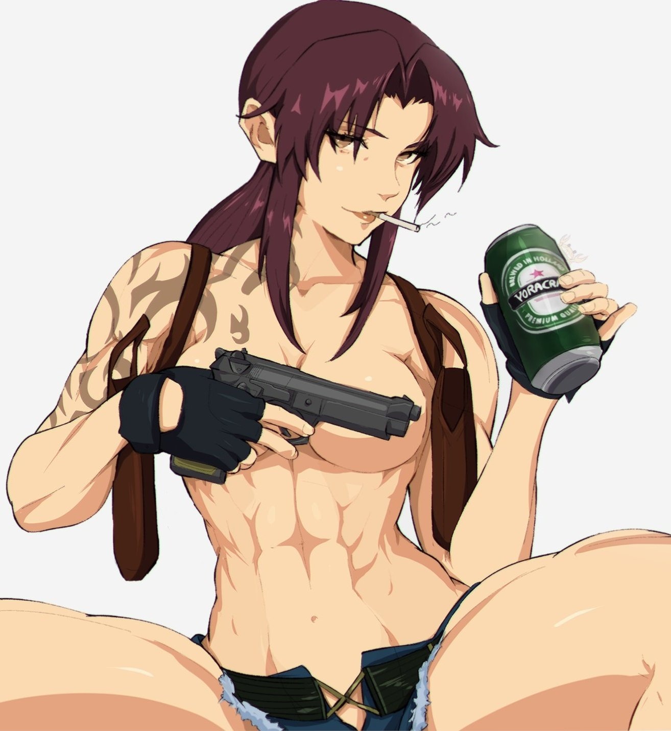1girls, abs, beer, black lagoon, covering nipples, female, gun, jean shorts, light skin, light-skinned female, long hair, looking at viewer, muscular, muscular female, red hair, revy, shorts, smile, smoking, solo, solo female, tagme, tattoo, thick thighs, topless, yoracrab