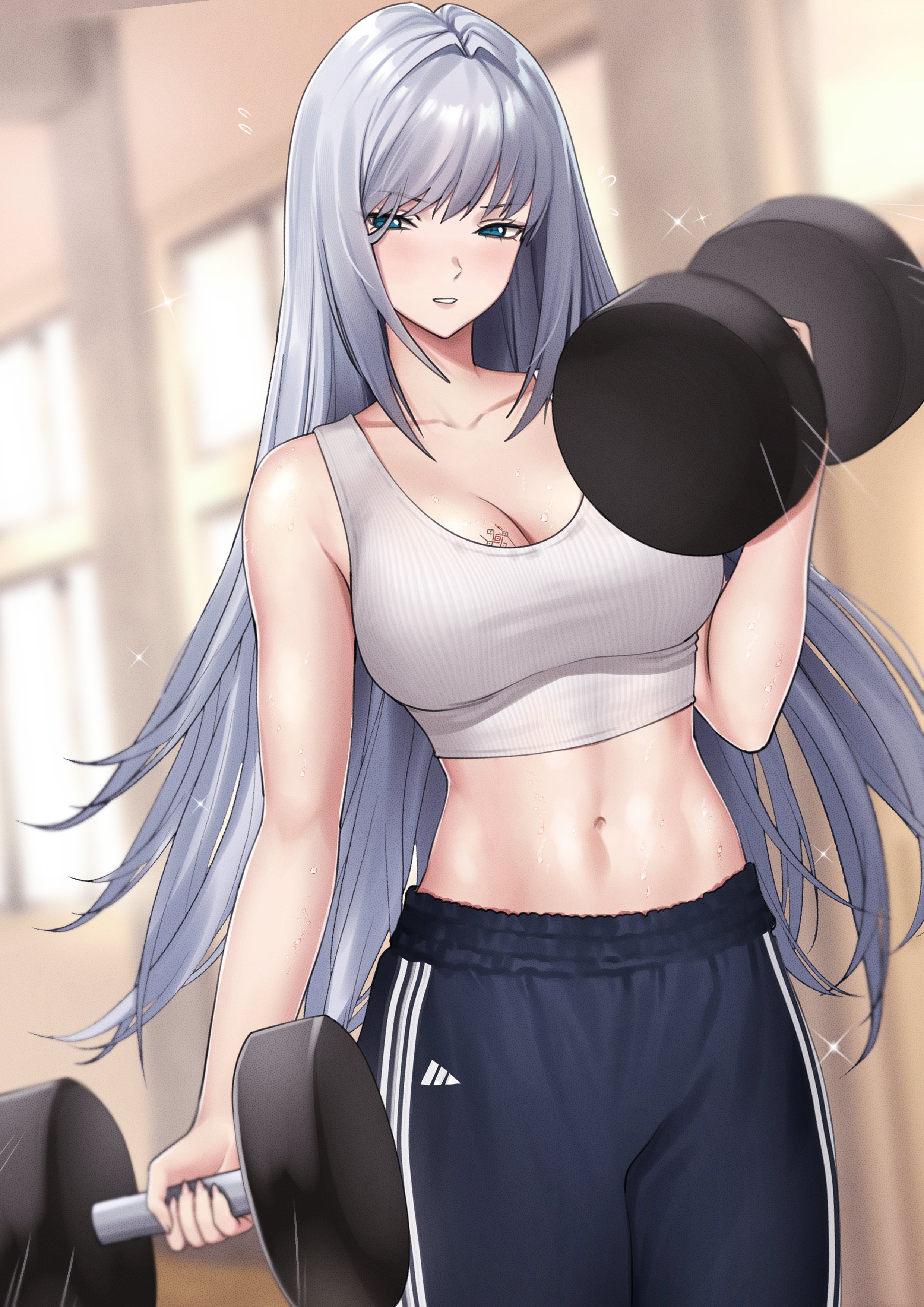 1girls, abs, absurd res, bare arms, bare shoulders, blue eyes, breast tattoo, breasts, busty, cleavage, crop top, curvy, dumbbell, ethel (xenoblade), female, female only, highres, hourglass figure, large breasts, long hair, mari48240422, massive breasts, monolith soft, muscles, muscular, muscular female, nintendo, silver hair, slim waist, sports bra, sweat, sweatdrop, sweating, sweatpants, tattoo, thick thighs, thighs, very long hair, weightlifting, weights, white topwear, wide hips, working out, xenoblade (series), xenoblade chronicles 3