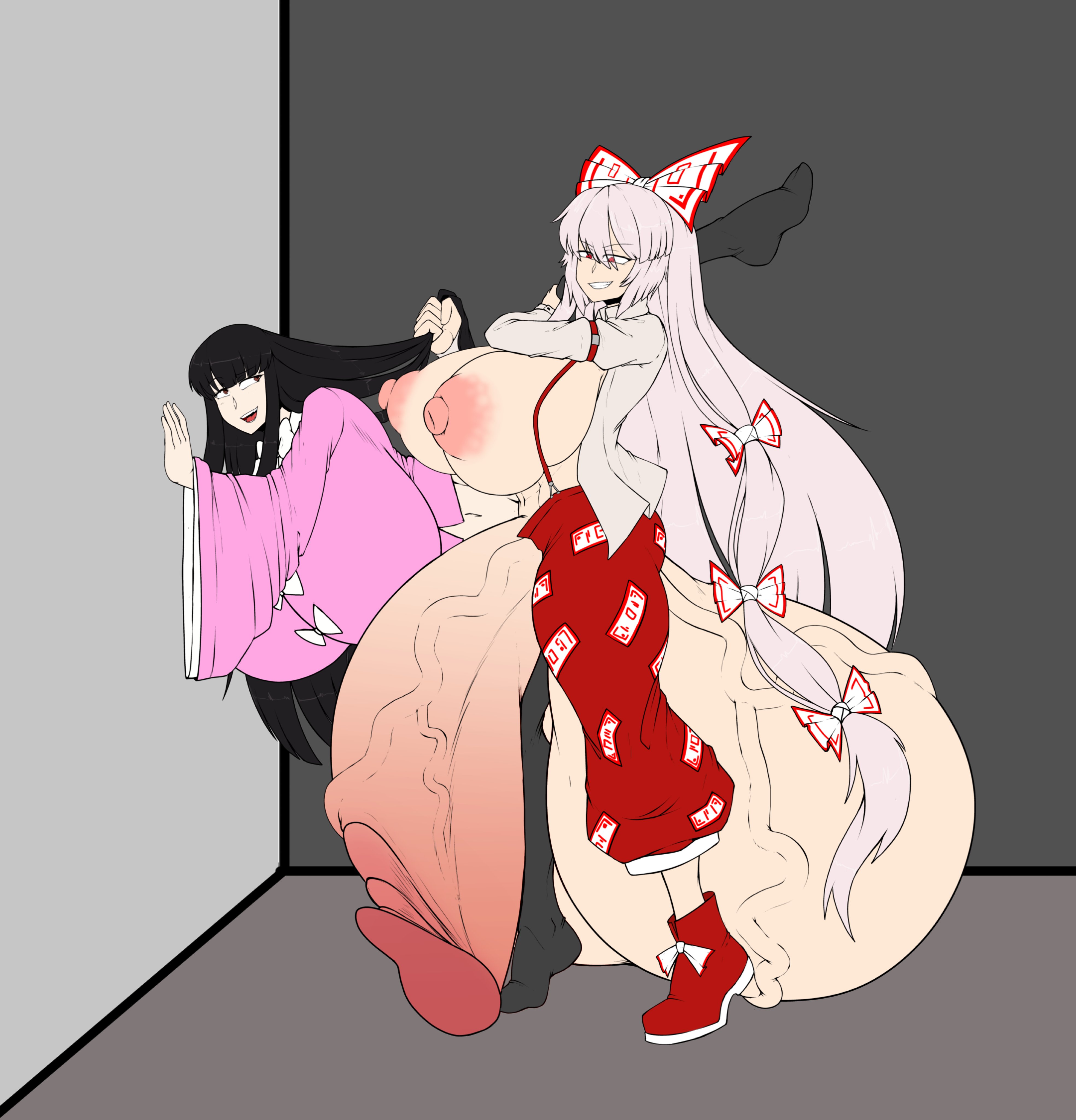 1futa, 1girls, areolae, balls, breasts, breasts bigger than head, clothed, clothing, duo, erection, female, fujiwara no mokou, futa on female, futanari, huge breasts, human, hyper, hyper balls, hyper penis, imminent sex, intersex, kaguya houraisan, leg up, light skin, light-skinned female, light-skinned futa, mostly clothed, nipples, nude, oversized balls, penis, rust and bolts, source request, standing, touhou