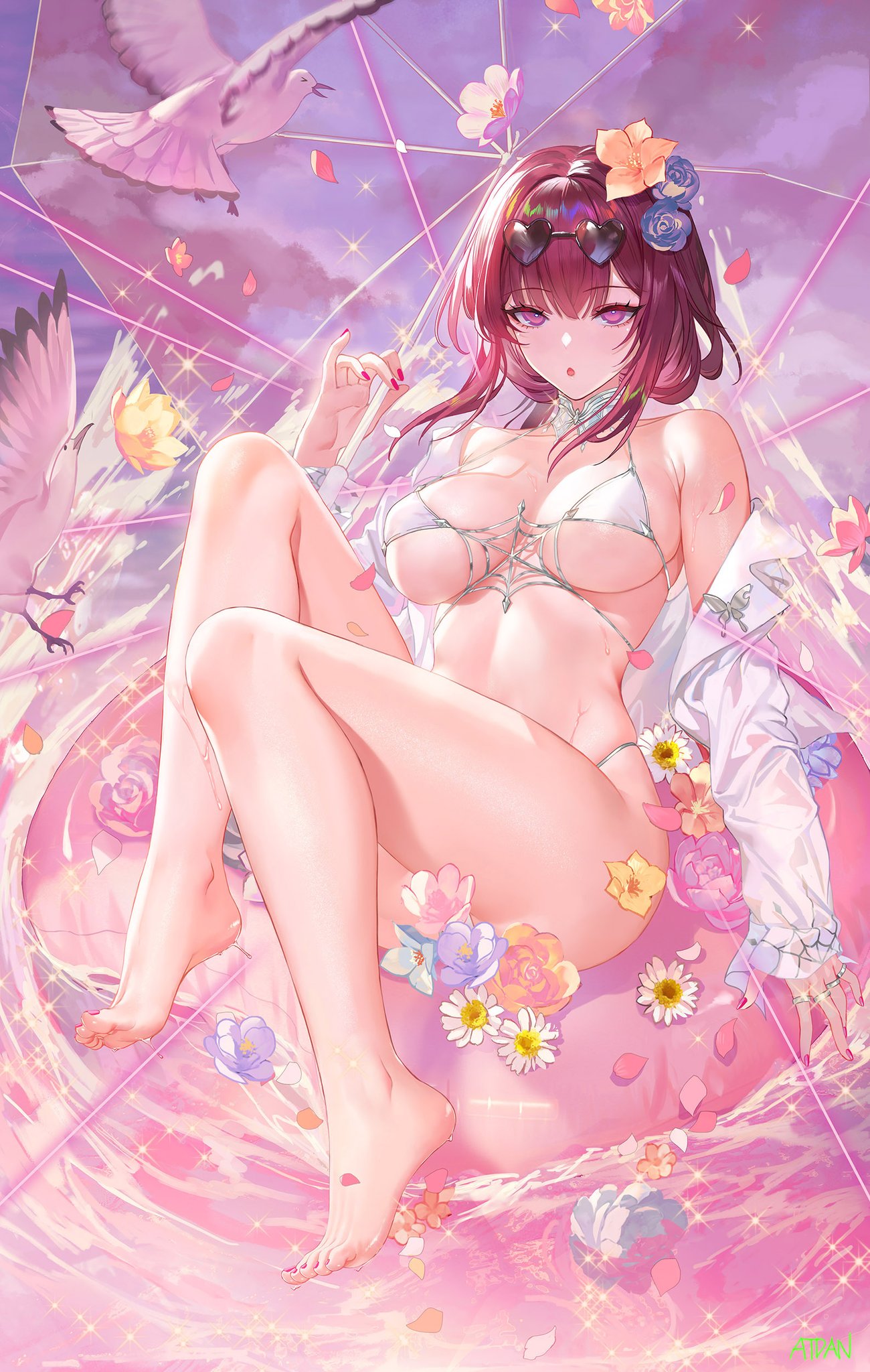 :o atdan bird birds feet flower flower_in_hair holding_object honkai:_star_rail honkai_(series) kafka_(honkai:_star_rail) large_breasts lotus_(flower) micro_bikini one_foot_raised painted_nails painted_toenails raised_leg red_fingernails signature spider_web sunglasses_on_head thighs umbrella wet_skin