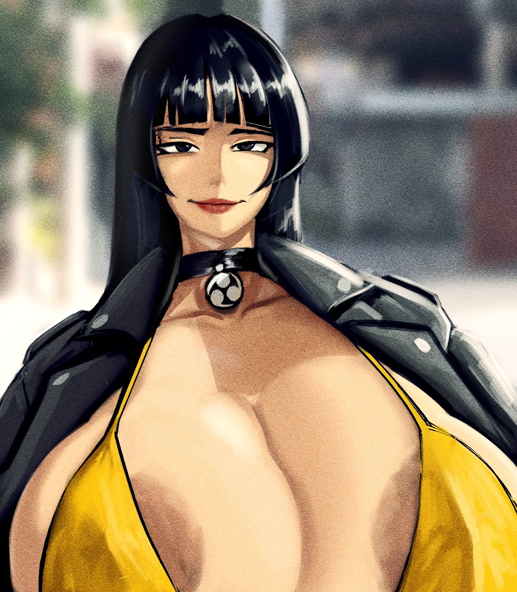 big_areola big_breasts black_hair choker hime_cut jacket large_areolae large_breasts long_hair shion_(tinboryte_oc) smile smiling smug tinboryte