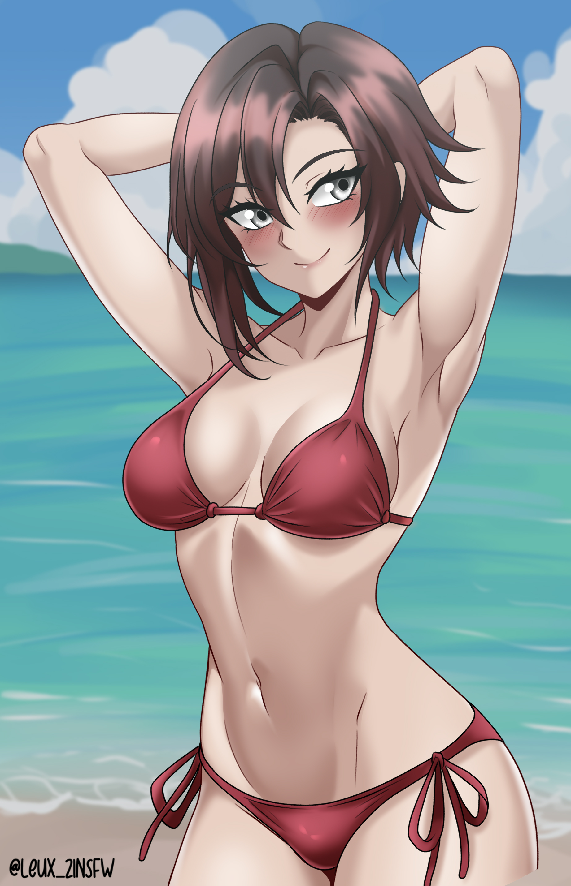 1girls, beach, bikini, female, female only, human, leux 21, posing, ruby rose, rwby, solo