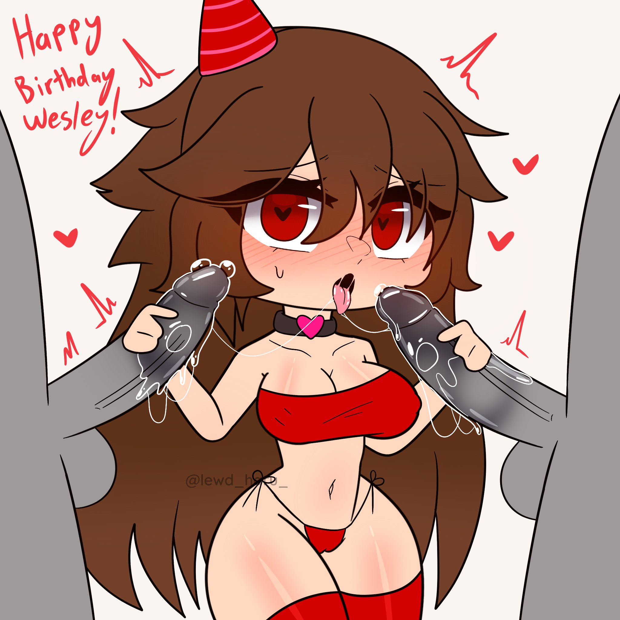 1girls, 2boys, alternate version available, breasts, brown hair, choker, collar, double handjob, edit, female, gacha, gacha club, gacha life, handjob, heart choker, heart collar, heart-shaped pupils, in love, kimberley (wesleygamers24), lewd haru (artist), looking at viewer, male, mmf threesome, open mouth, panties, party hat, red eyes, red thighhighs, thighhighs, threesome, tongue, tongue out, wesleygamers24