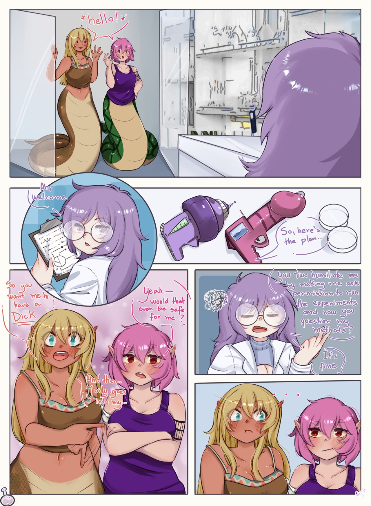 3girls, breasts, clothing, comic, dialogue, english, english text, female, female only, glasses, human, medium breasts, multiple females, multiple girls, naga, page 1, rowychan, snake girl, tagme, text