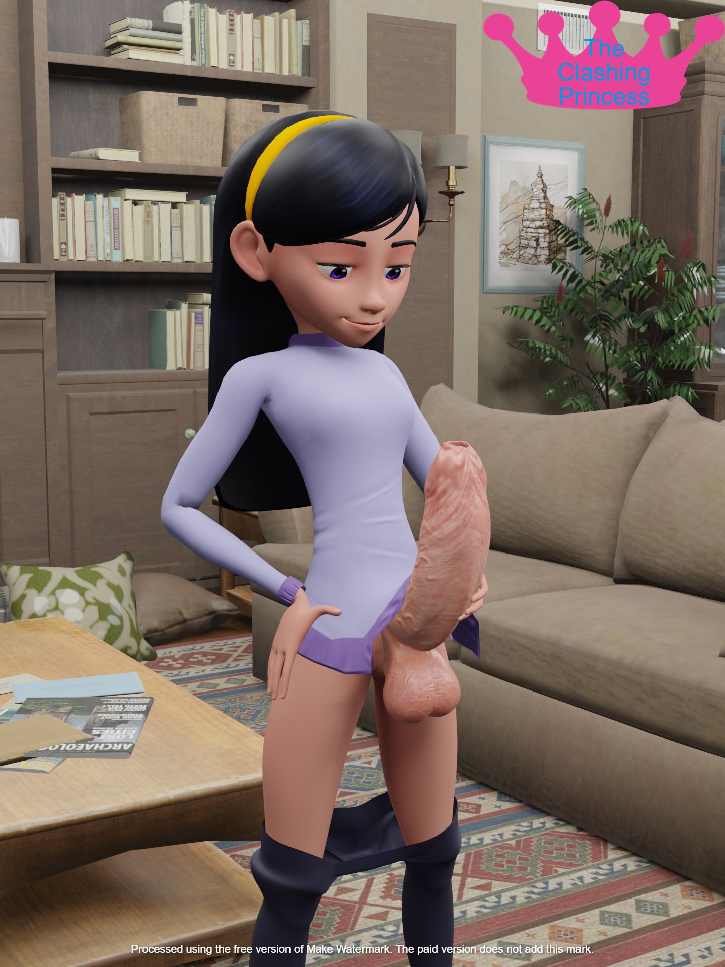 1futa, 3d, 3d (artwork), big penis, black hair, blender (software), bottomless, futa only, futanari, half-closed eyes, intersex, penis, solo, teenager, the incredibles, theclashingprincess, violet eyes, violet parr