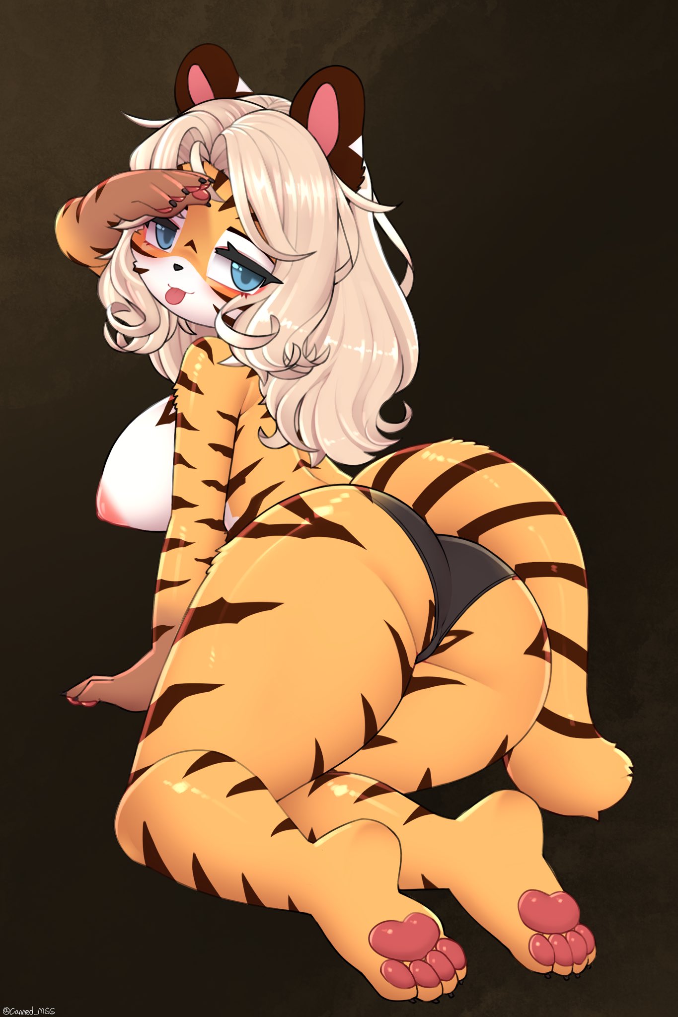 1girls alternate_version_available anthro ass big_breasts black_background blonde_hair blue_eyes blush breasts claws female female_only furry jupiter_europe navel nipples nude nude_female orange_fur original original_character panties pink_nipples solo solo_female tail text tiger tiger_girl tongue tongue_out white_fur