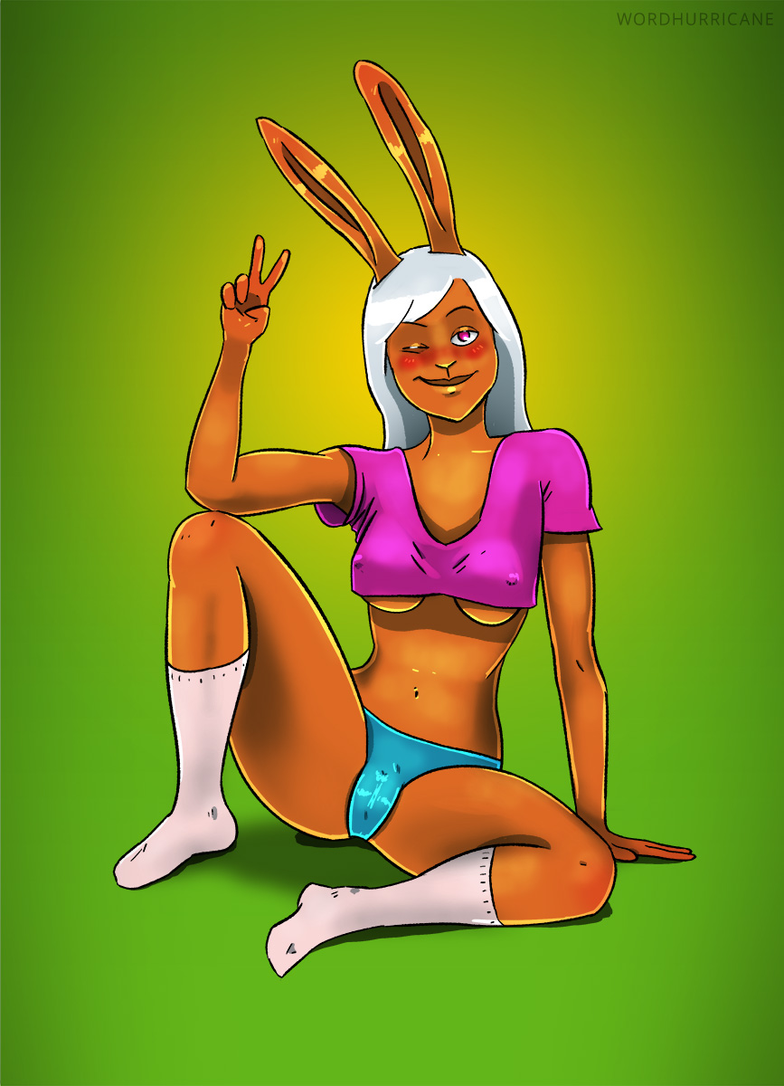 blue_panties blush blushing_at_viewer brown_skin bunny_ears bunny_girl bunnygirl furry furry_female furry_only looking_at_viewer peace_sign pink_topwear rabbit_ears rabbit_girl red_eyes silver_hair sitting sitting_down smile smiling socks socks_on solo solo_anthro solo_female solo_focus underboob white_hair white_socks wink winking winking_at_viewer wordhurricane yiff