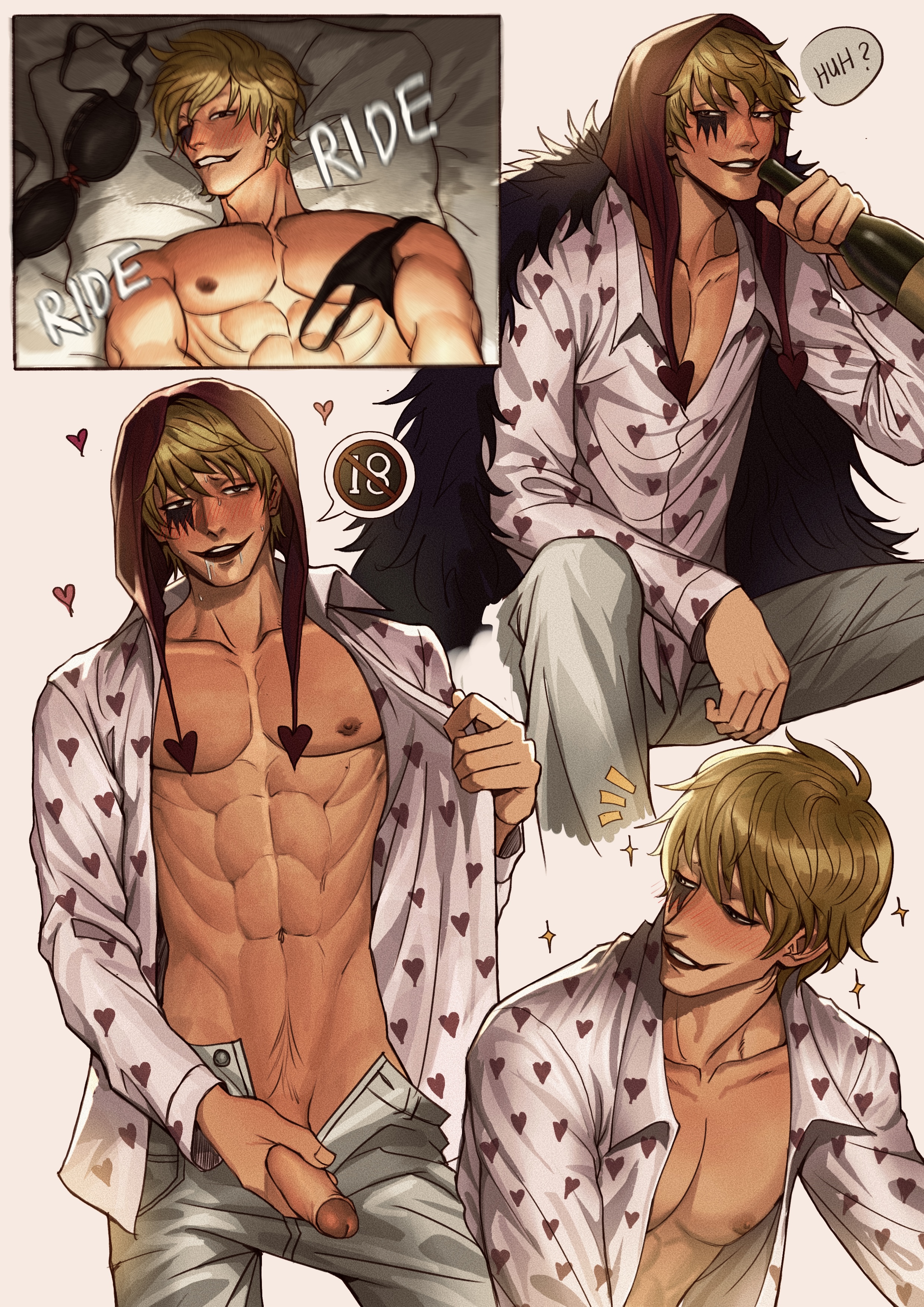 1boy, abs, alcohol, blonde hair, blush, bra removed, cowgirl position, discarded clothing, donquixote rosinante, drinking, drooling, drunk, erection, female on top, female pov, hat, holding penis, lipstick, looking at viewer, makeup, male, male focus, male only, multiple scenes, muscular, muscular male, offscreen character, offscreen female, one piece, open pants, open shirt, panties removed, penis, penis out, pov, pubic hair, smile, sweat, uncensored, yoleviii