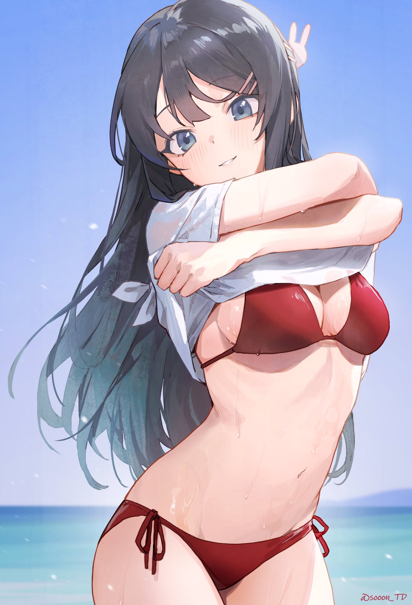 1girls, beach, big penis, bikini, bikini bottom, bikini only, bikini top, black hair, blue background, blue eyes, blue sky, blush face, blush lines, blushed face, blushing, blushing at viewer, blushing face, blushing female, breasts, busty, busty female, busty teenager, clouds, cowboy shot, dark blue eyes, day, daytime, female, female only, hair down, head tilt, high school student, horizon, long sleeves, male, navel, outdoors, outside, penis, rabbit hair ornament, red bikini, red bikini bottom, red bikini only, red bikini top, red string bikini, red swimsuit, red swimwear, ribs, sakurajima mai, schoolgirl, seishun buta yarou wa bunny girl senpai no yume wo minai, shirt lift, side-tie bikini, signature, sky, solo, sooon, string bikini, swimsuit, swimwear, teenage female, teenager, tilted head, wet, white shirt, young female, younger female