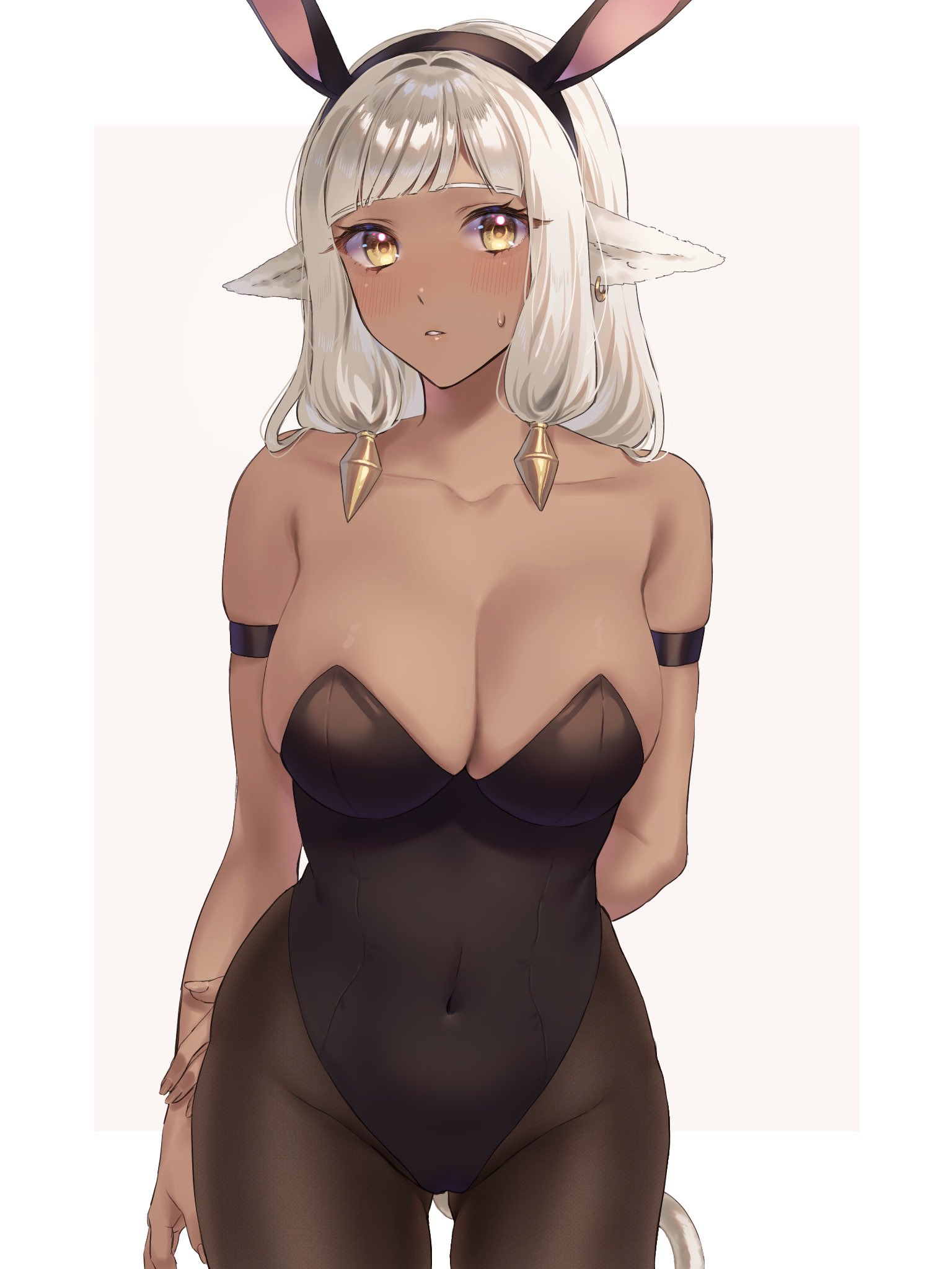 1girls, alternate costume, animal ears, ash (fire emblem), ass visible through thighs, bare shoulders, black horns, black leotard, blush, breasts, brown eyes, bunny ears, bunny girl, bunnysuit, cleavage, collarbone, cow ears, cow girl, cow tail, dark skin, dark-skinned female, fake animal ears, female, female only, fire emblem, fire emblem heroes, highres, horns, large breasts, leotard, long hair, looking at viewer, nintendo, pantyhose, playboy bunny, rabbit ears, shoulders, solo, strapless, strapless leotard, tail, tomo shirasu, white hair